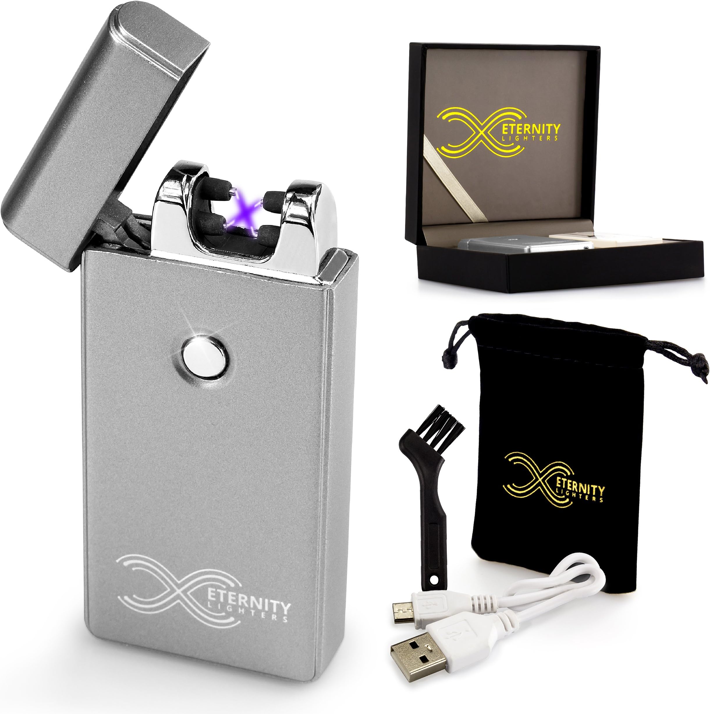 ETERNITY Lighters Flameless Electronic Rechargeable Windproof Premium Survival or Candle Lighter with Dual Arc, USB Cord, Brush, and Bag in Gift Box