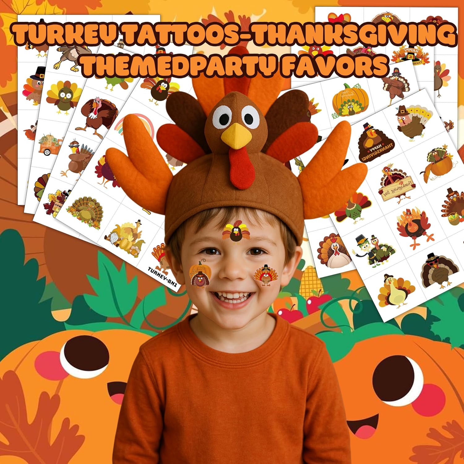 96PCS Thanksgiving Turkey Tattoos Stickers Pre-Cut Themed Autumn Fall Tattoos 1st Birthday Party Decorations Supplies Decor Favors for Kids Harvest Festival Prizes Rewards - Image 3