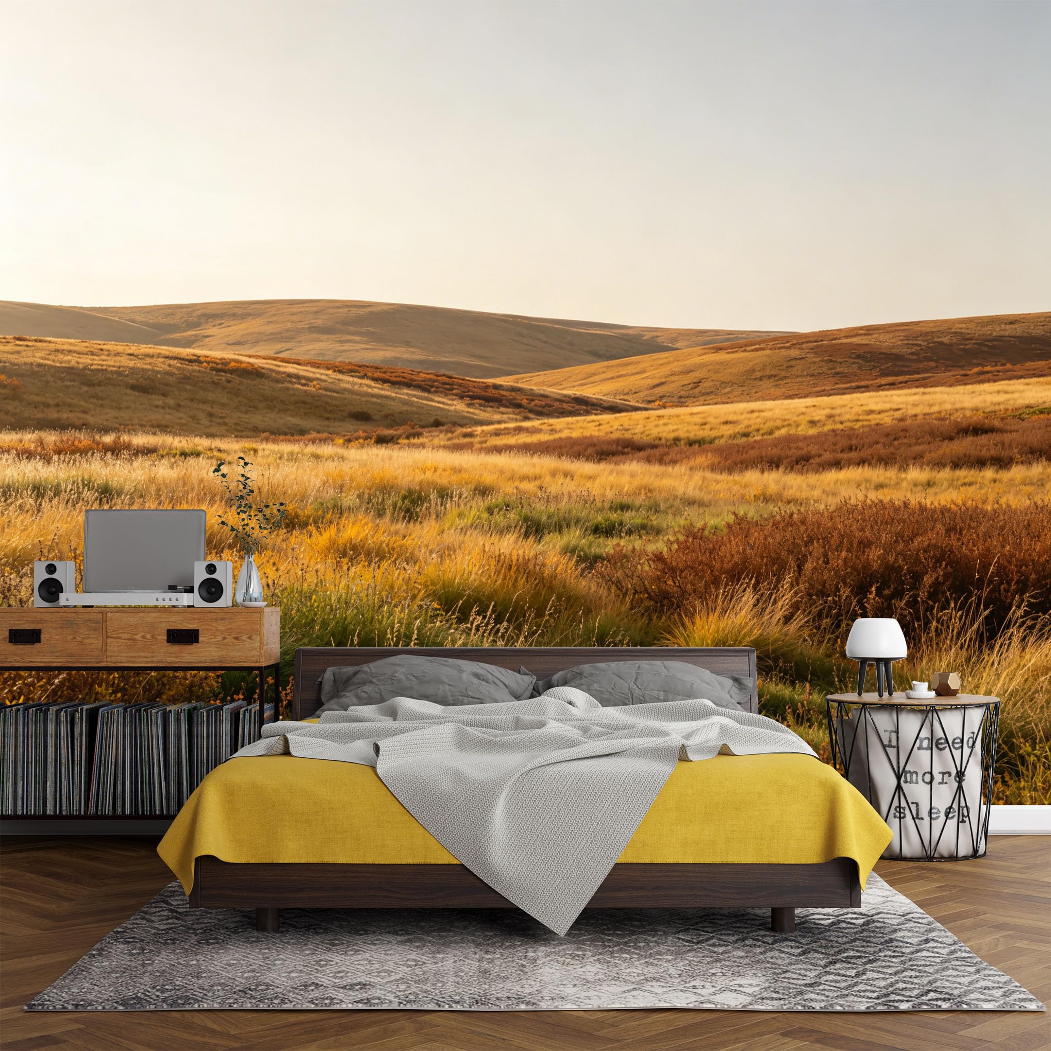 Custom Size Wall Mural， Landscape Golden Meadow Rolling Hills Sunset Prairie，SelfAdhesive Art Prints wall Fabric (No PVC) Removable Wallpaper Living Room Decor