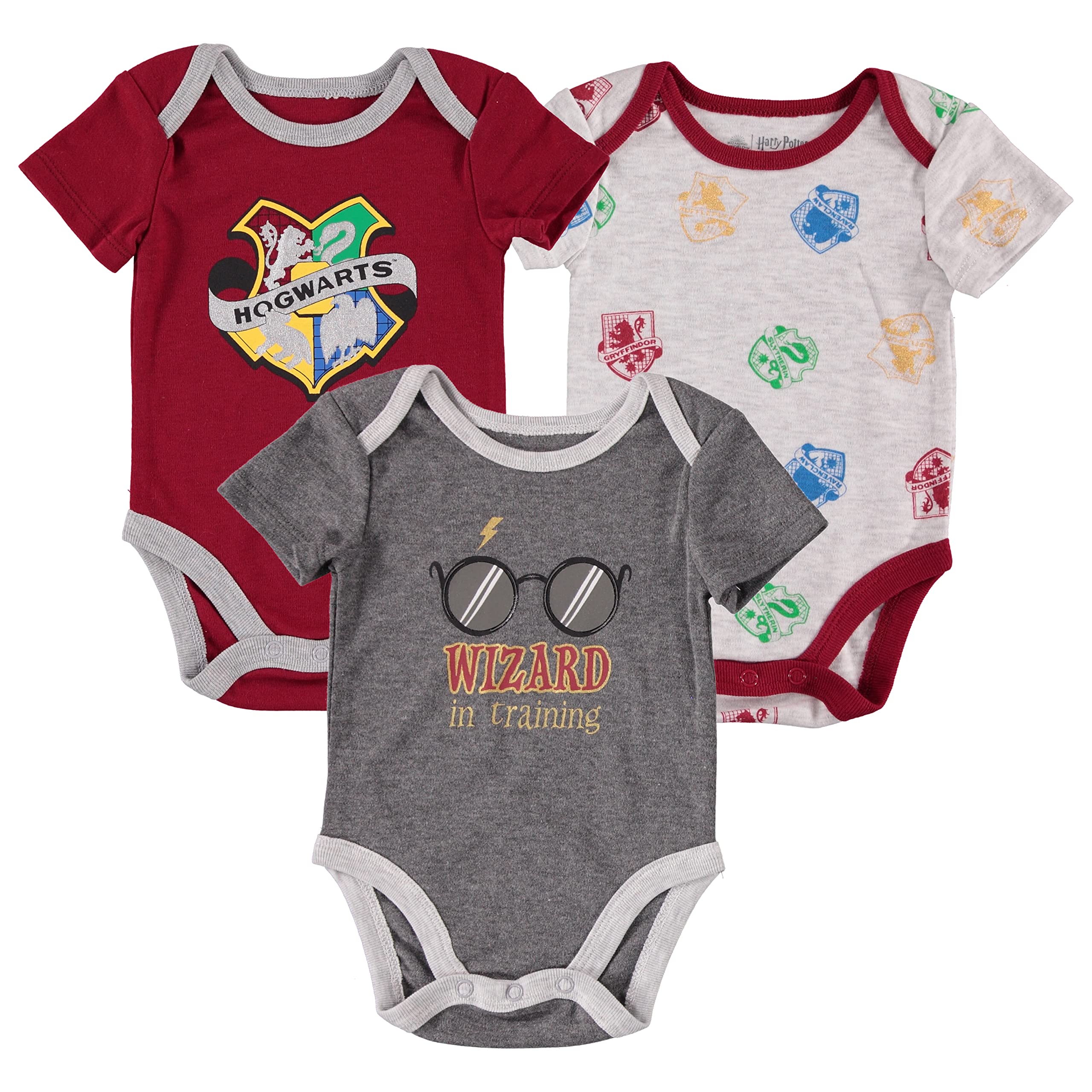 Harry Potter Baby Boys’ Short Sleeve Bodysuit Multipack Gift For Baby Girl or Boy Baby Clothes (Burgandy/Grey/White, 6-9 Months)