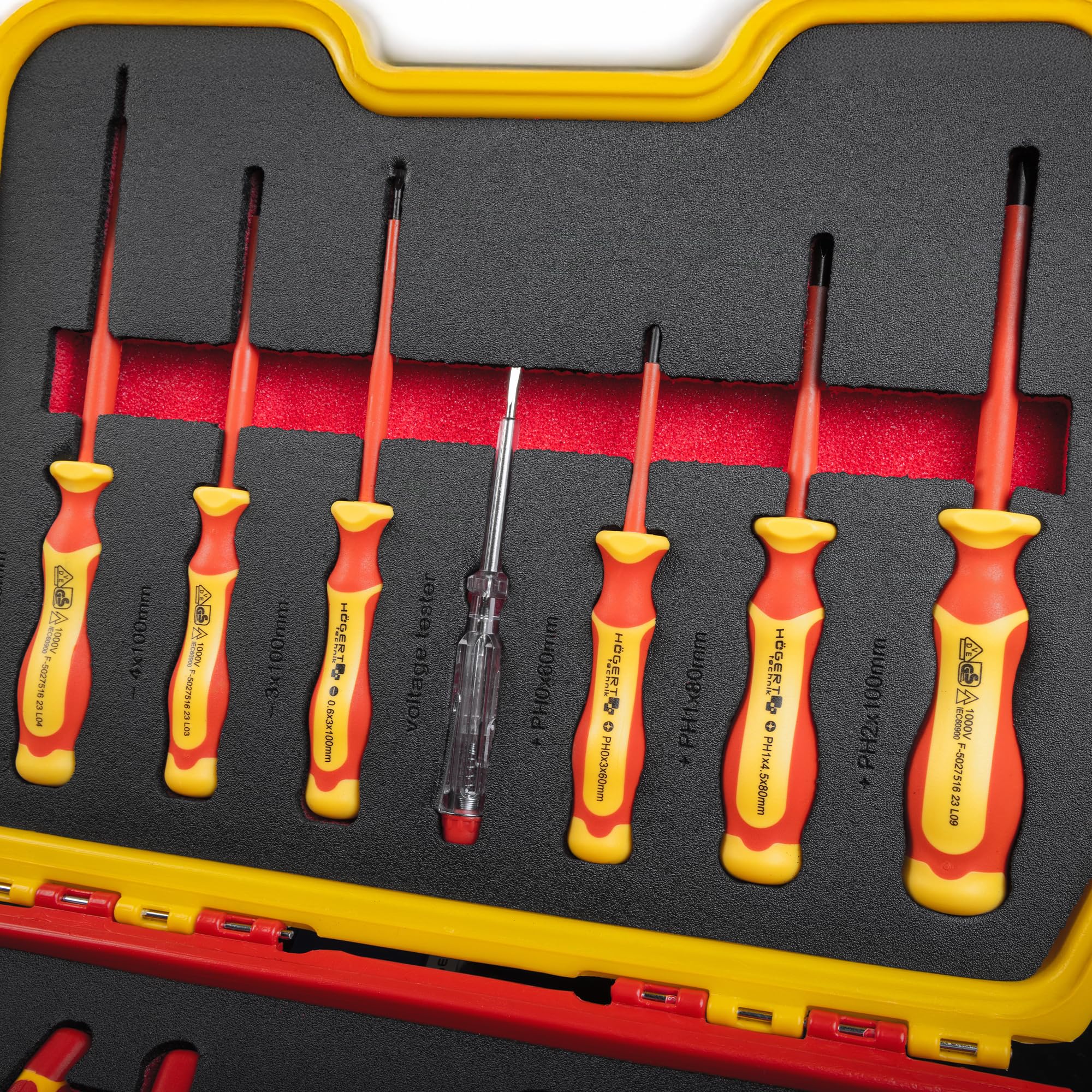 HÖGERT TECHNIK Juego de 12 herramientas para electricistas: destornillador manual aislado de 1000V, destornilladores planos y de estrella, comprobador de tensión, maletín de plástico para herramientas