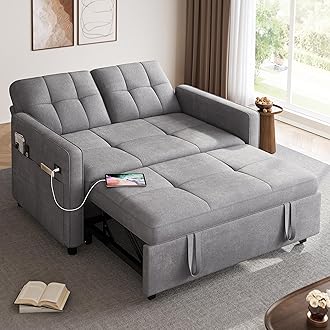 YITAHOME 55" Convertible Sofa Bed, 3-in-1 Sleeper Sofa with Pull-Out Bed, Cat-Scratch-Proof Futon Couch with 5-Levels Reclining Backrest, USB and Side Pocket, Modern Loveseat for Living Room, Grey