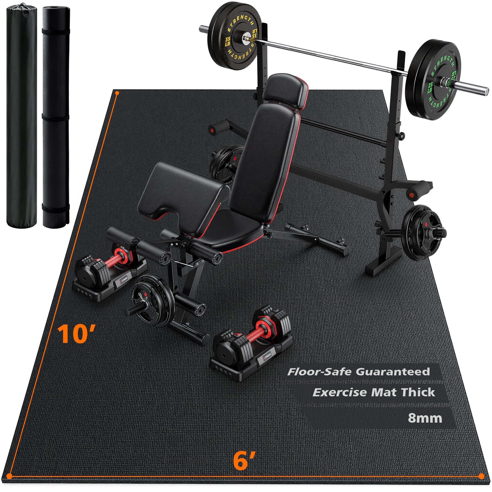 Large Exercise Mat for Home Gym Garage Flooring- 6x4 7x5 10x6 8mm Non-Slip High-Density Shoe-Friendly Thick Workout Mats