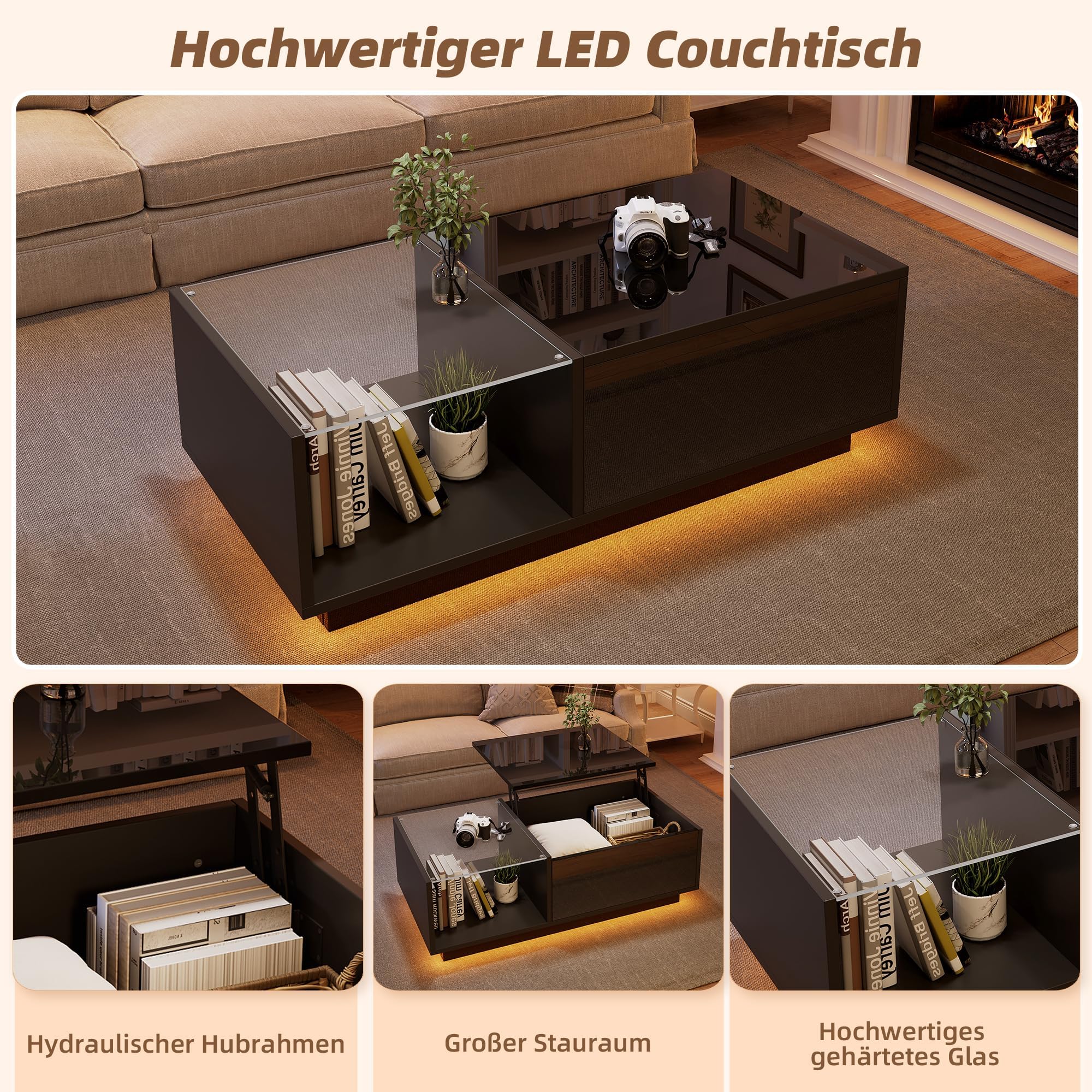 okwish Couchtisch Höhenverstellbar mit LED & Stauraum, Schwarz Hochglanz
