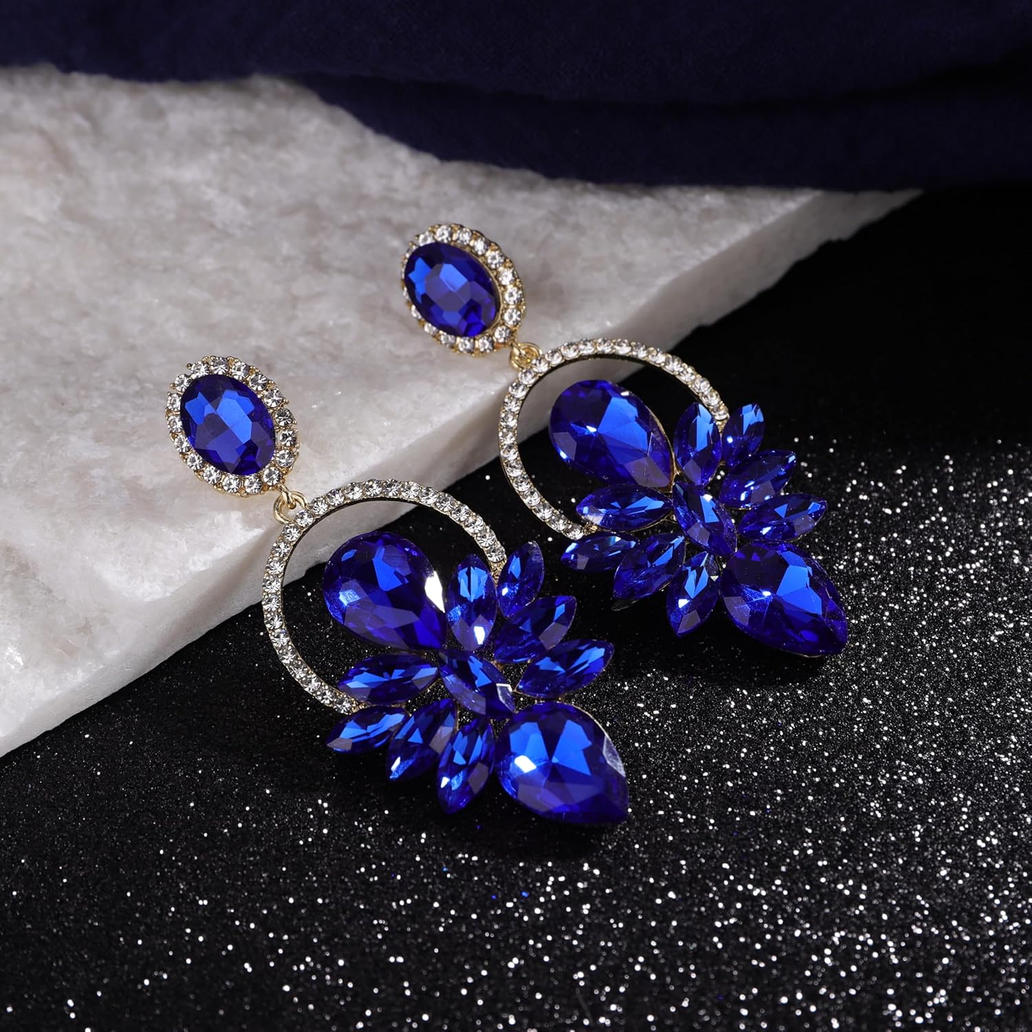 Chargances Vintage Royal Blue Rhinestone Statement Earrings Chic Crystal Teardrop Dangle Earrings for Wedding Women Brides - Image 4