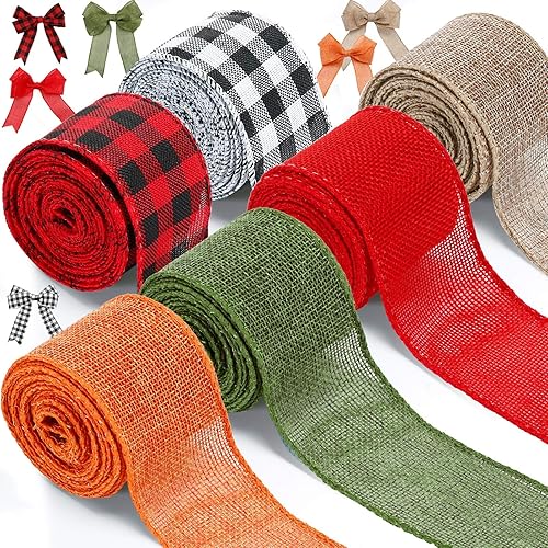 6 rollos de cintas navideñas de 26.4 yardas con borde con alambre de 2 pulgadas, cinta de arpillera de color sólido, cinta de arpillera a cuadros