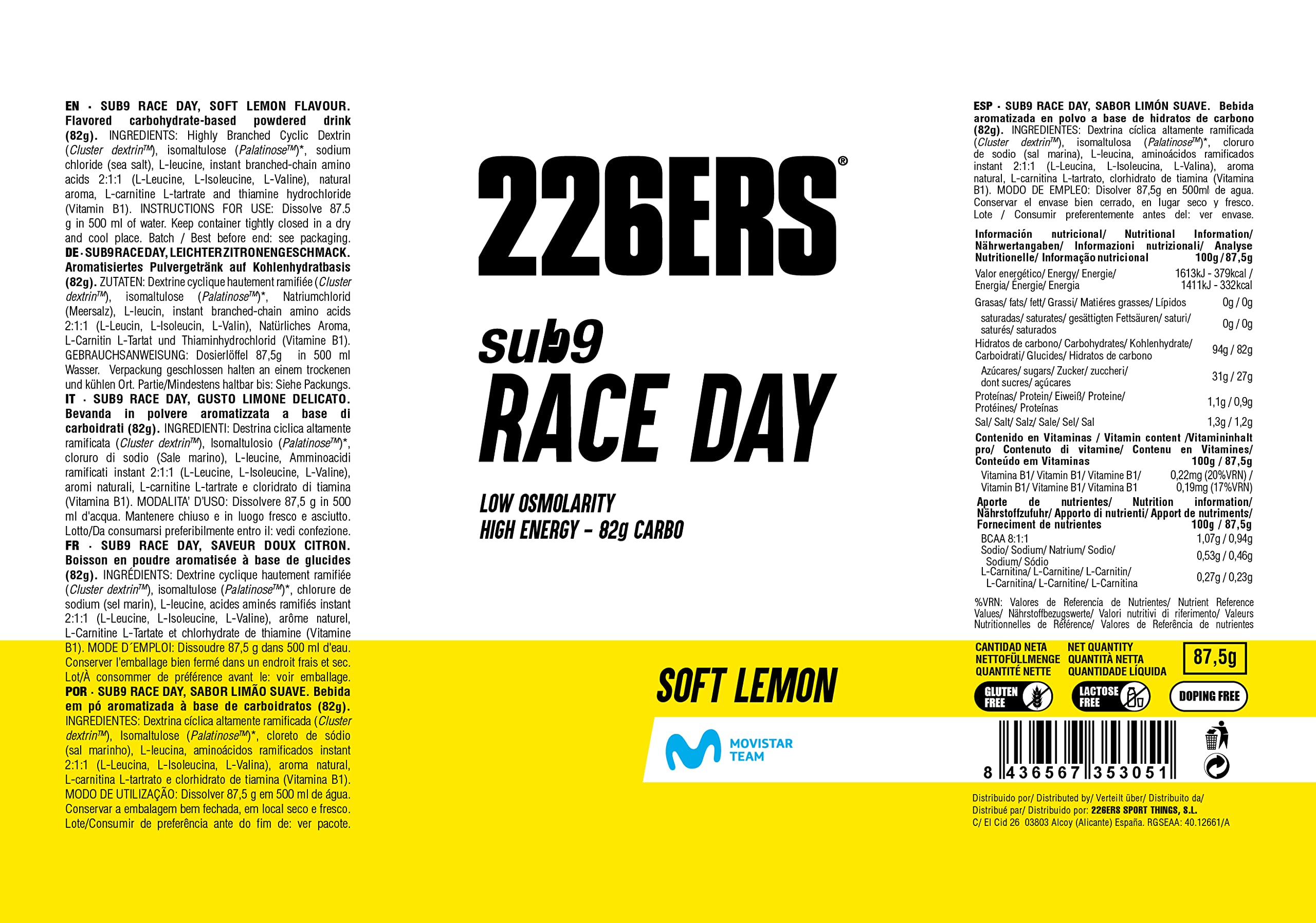 226ERS - Sub9 Race Day, Monodosis, Bebida Energética para Deportistas, en Polvo, Hidratos de Carbono, BCAA, Sodio y L-Carnitina, sin Gluten y sin Lactosa, Libre de Doping, Sabor Limón, 1 sobre