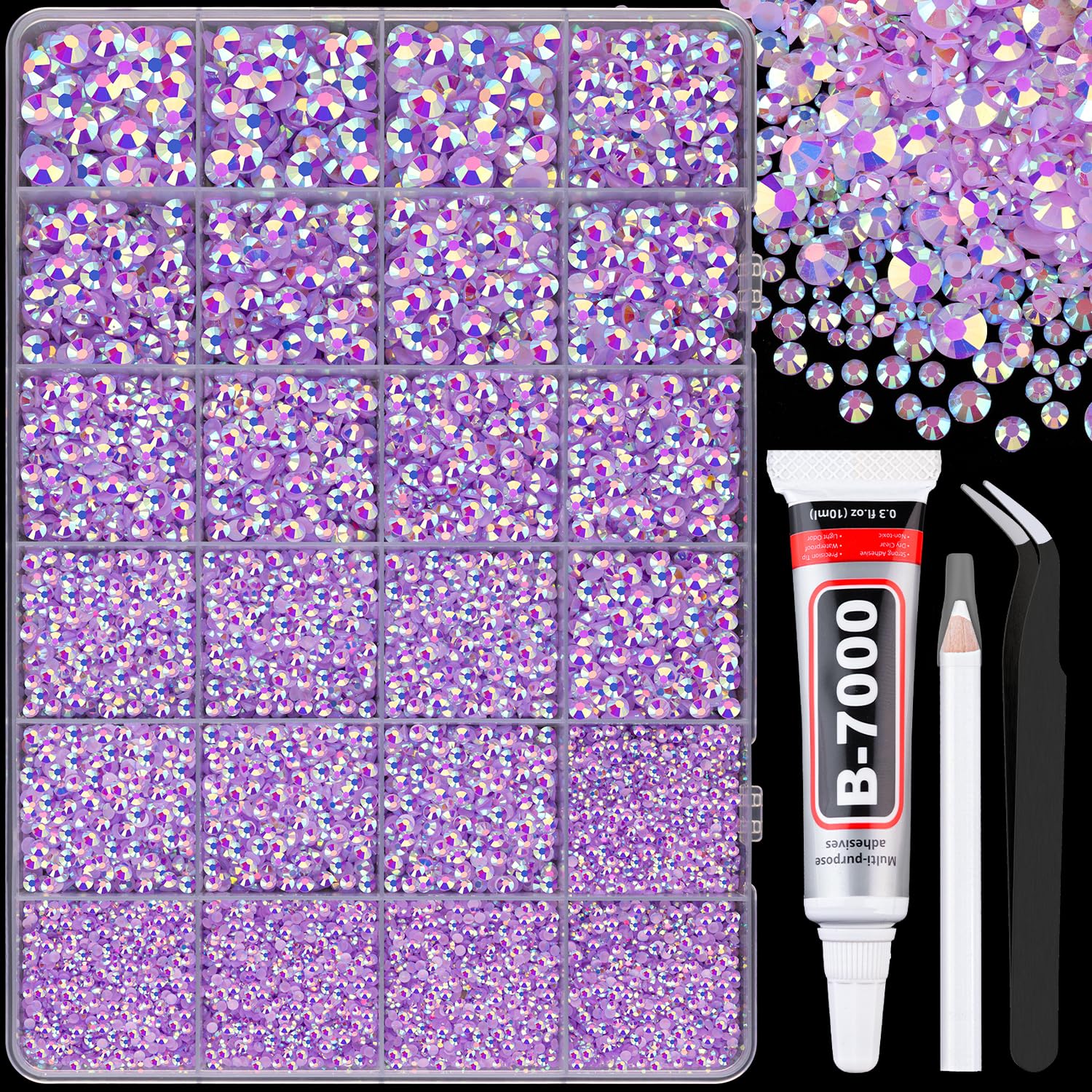 TINKRSTUFF Lavender Purple AB Resin Rhinestones, 25,000pcs Mixed Sizes with B7000 Glue | Craft & Nail Art Embellishments - main product image