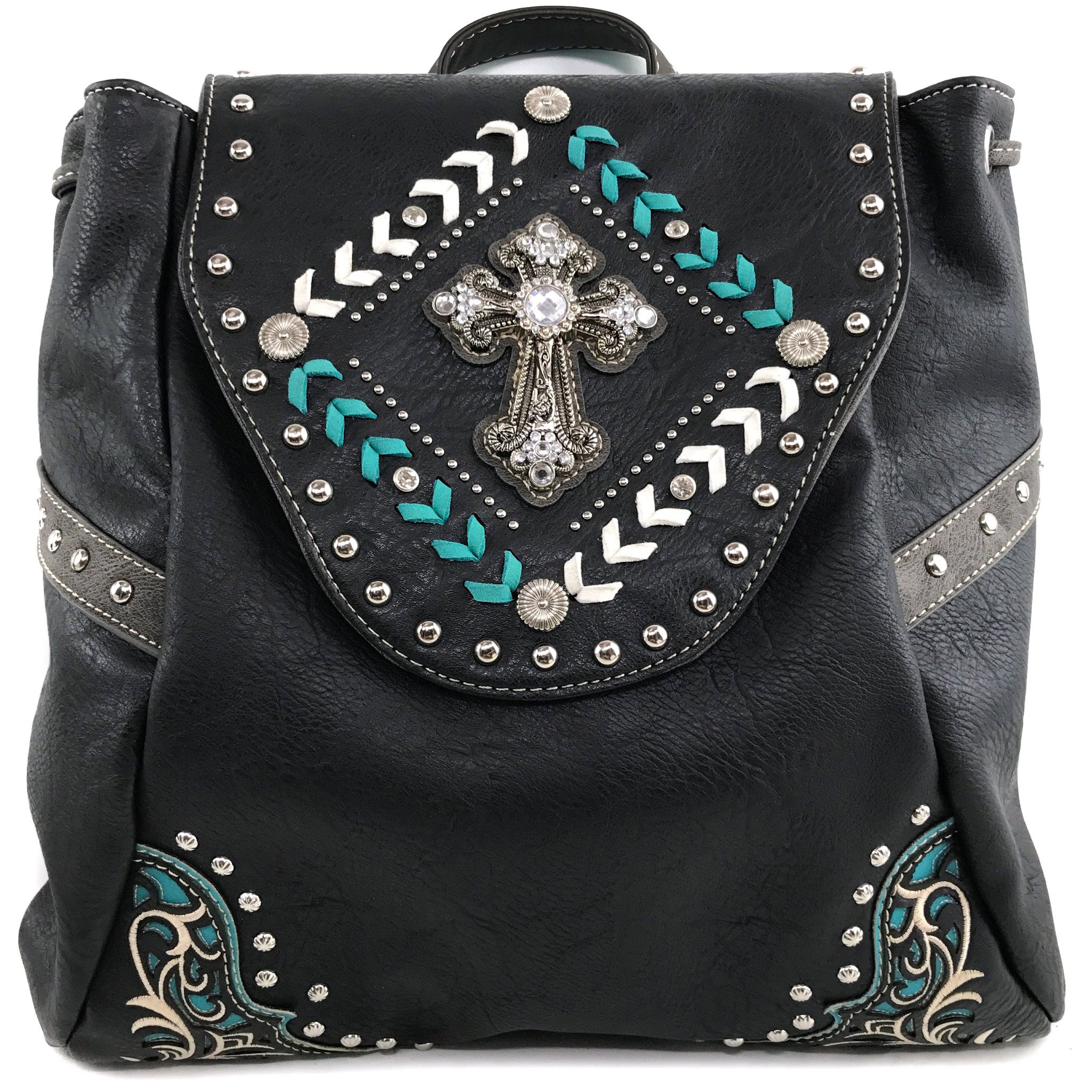 Justin West Trendy Western Cross Rhinestone Leather Conceal Carry Top Handle Square Backpack Purse