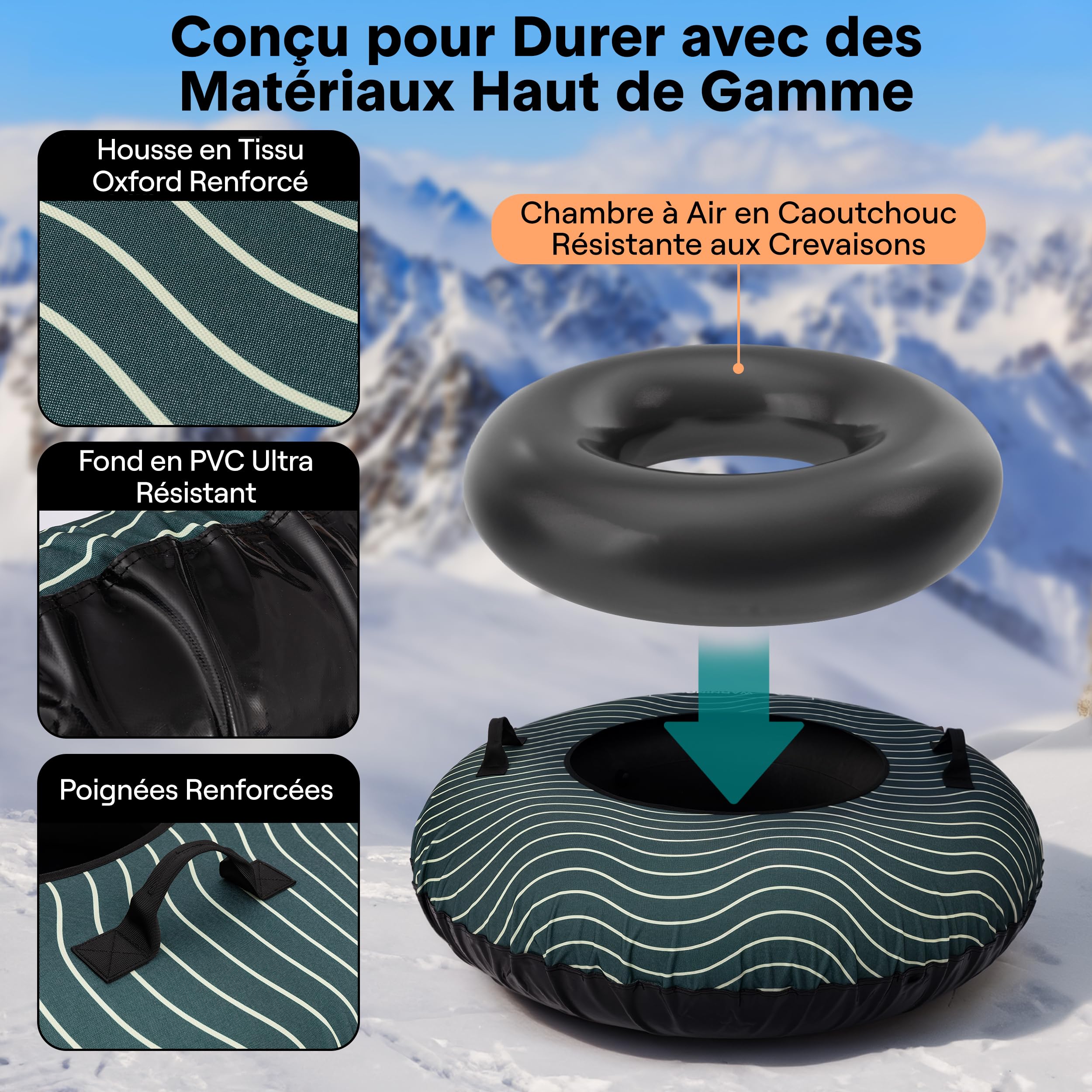 SereneLife Luge Gonflable 112/122 cm – Tube de Neige Résistant avec Coque Rigide et Housse Oxford – pour Enfants et Adultes
