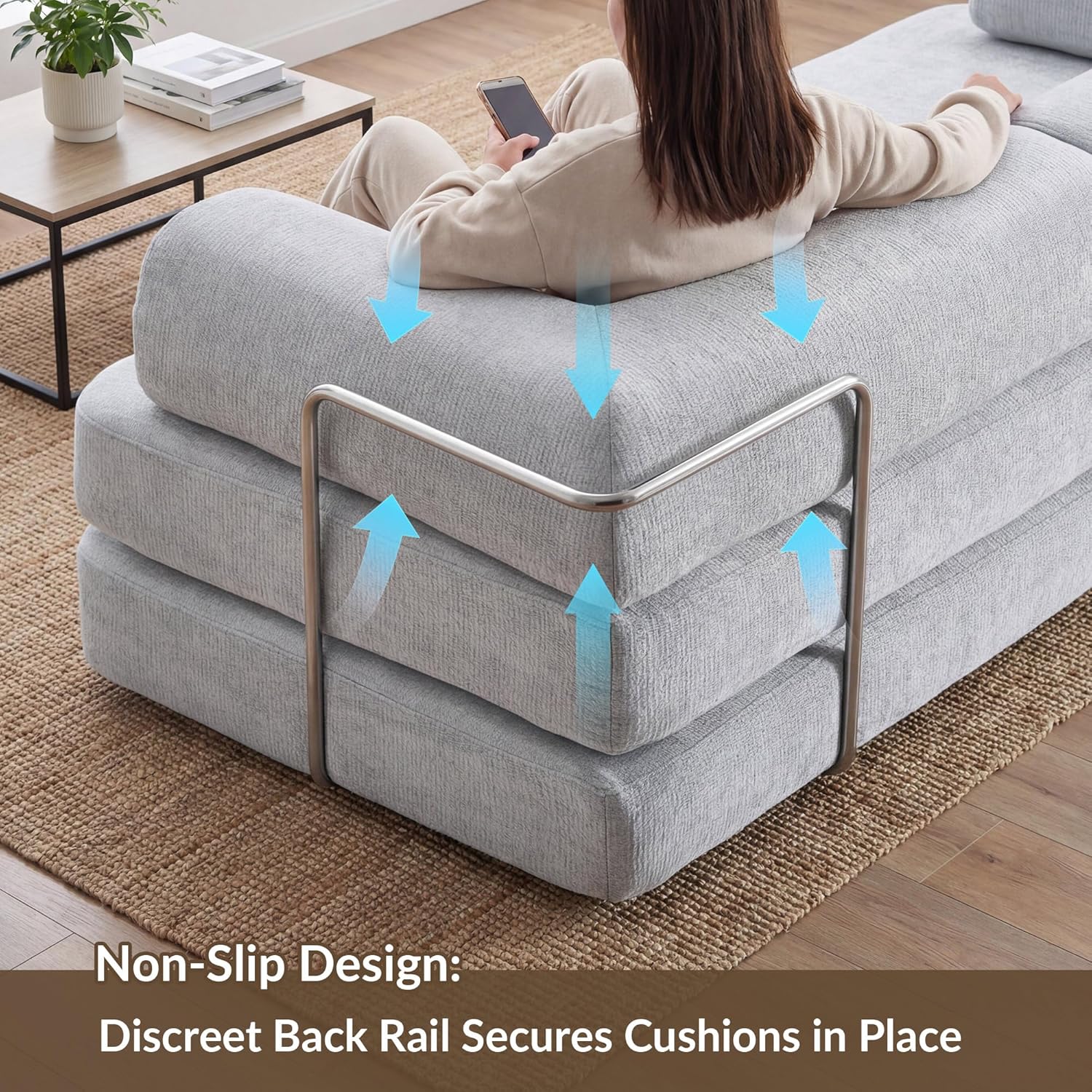 Kuahisoofa Boneless Couch, Chenille Floor Sofa Bed for Living Room, Modular Convertible Loveseat Sleeper with Storage Armrests, Non-Slip High Density Foam Guest Bed for Apartment Dorm, Oatmeal