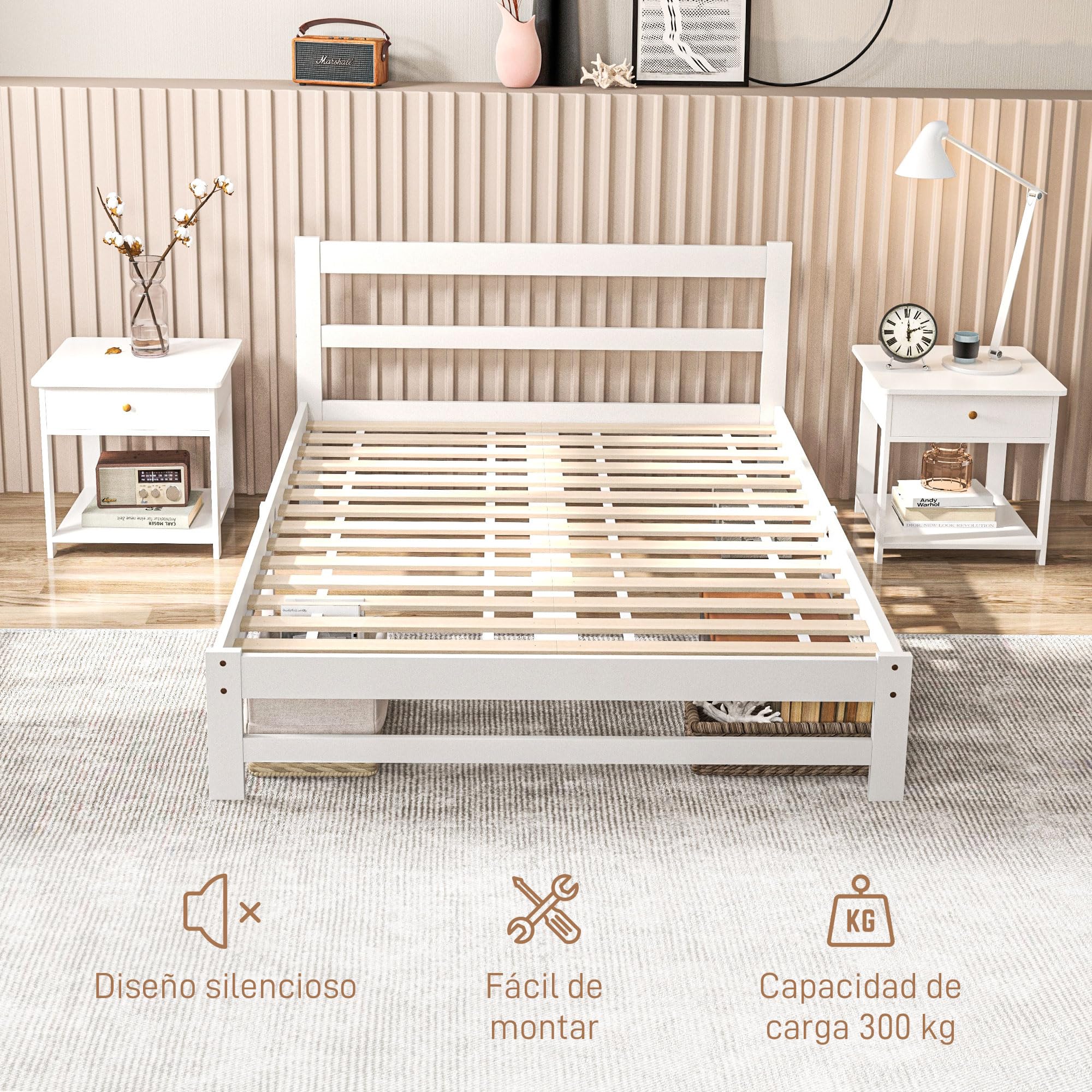 HOMCOM Marco de Cama de Madera con Somier Doble 195x141 cm 300 kg Blanco | Estructura de Cama Doble, para Colchón de 135x190 cm, No Incluido