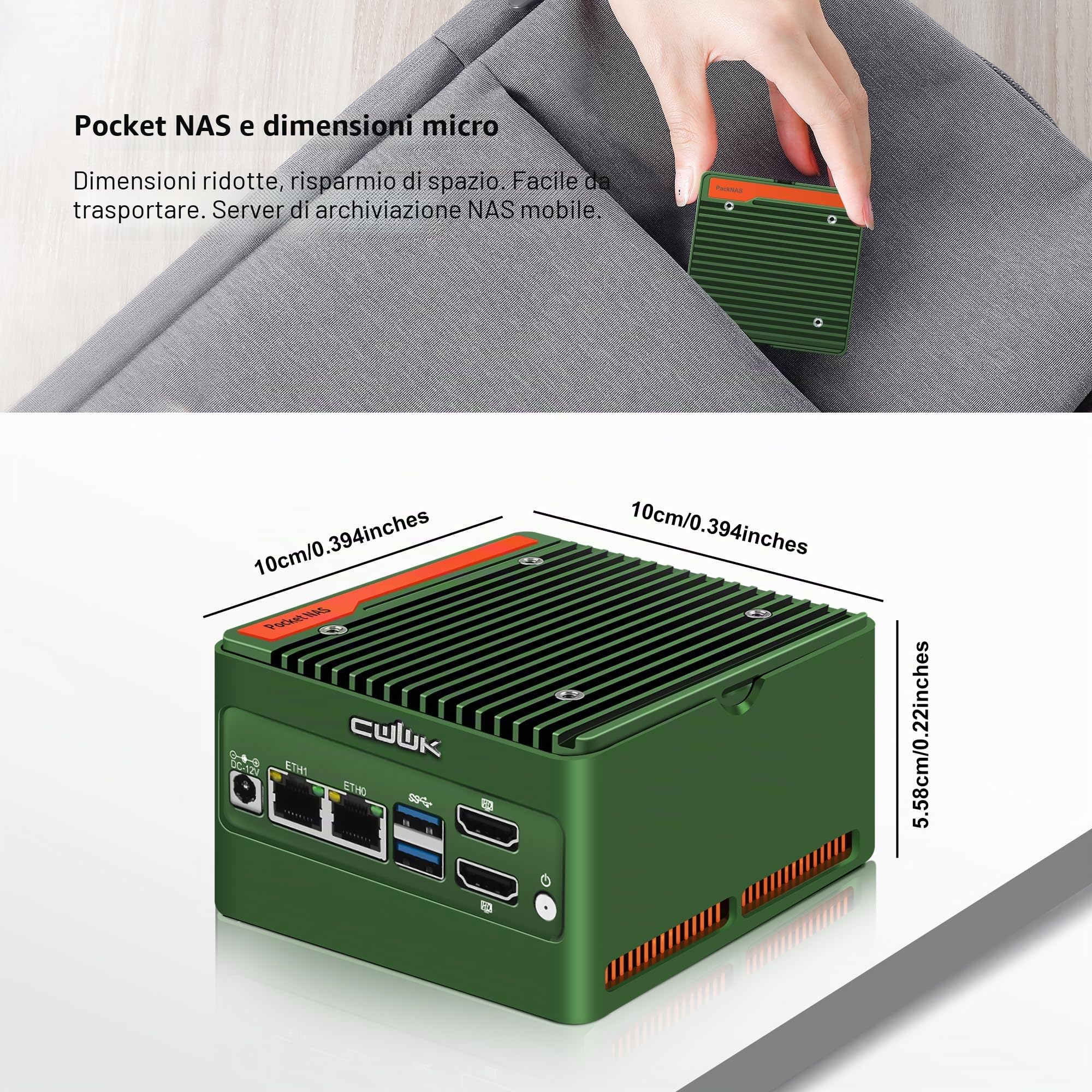 CWWK N355 Mini PC (Upgraded N305) X86-P5 Pocket NAS, 4 X M.2 NVMe Mini Computer con 2 X i226-V 2.5GbE LAN, Barebone Micro PC DDR5 NO RAM/SSD/OS, WiFi7/BT5.4 Expandable, 2 Display