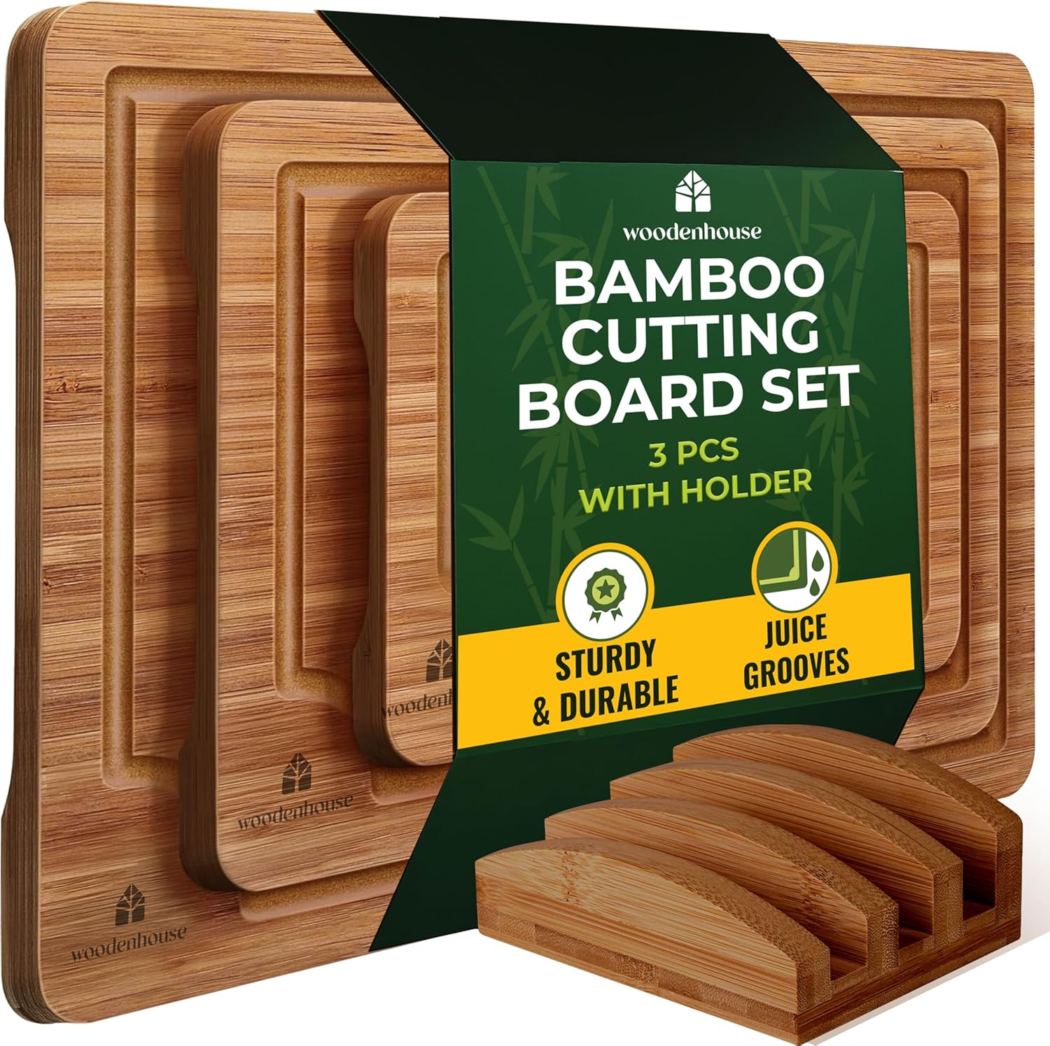 Bamboo Cutting Board Set of 3 with Holder – Durable Wooden Boards for Kitchen, Chopping & Serving – Eco-Friendly by Woodenhouse With Holder Dark