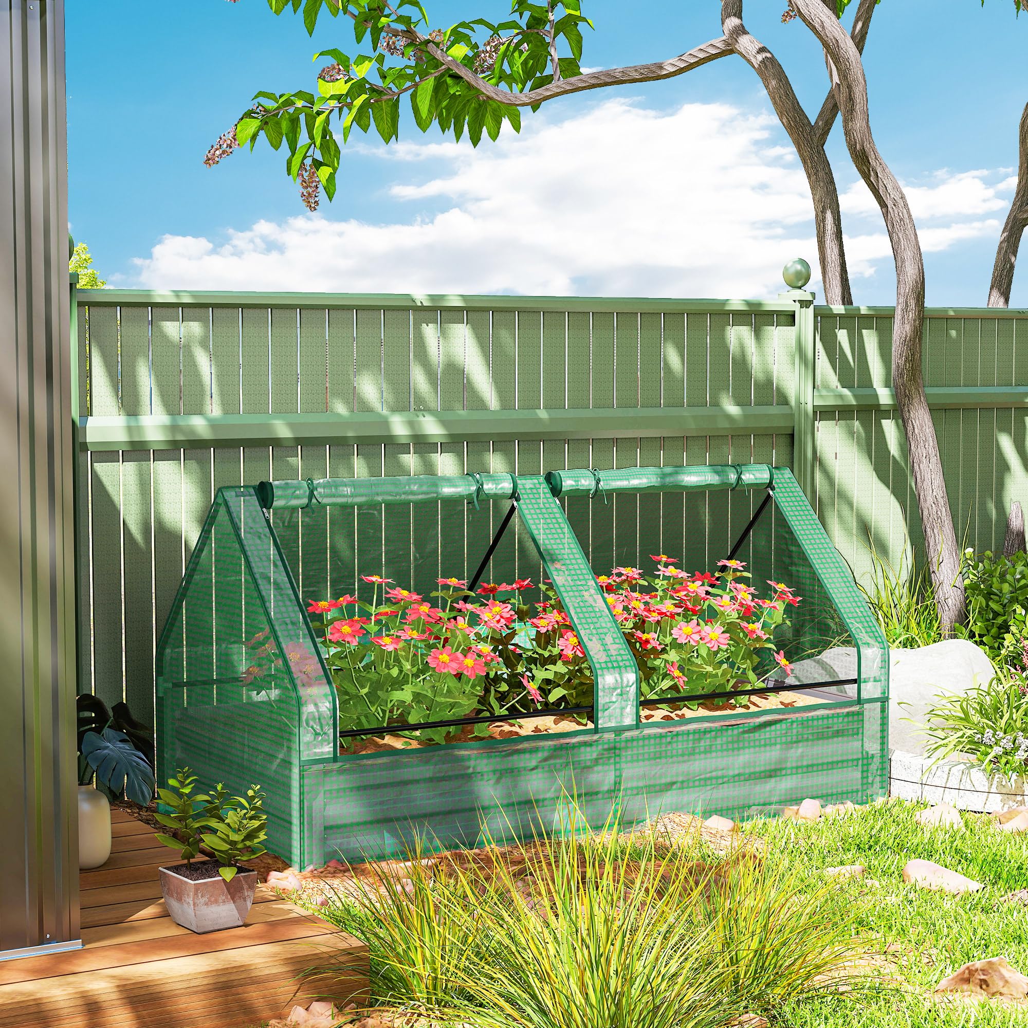 Outsunny Jardinera Exterior Grande con Mini Invernadero, Huerto Urbano de Acero Galvanizado con Base Abierta, Resistente a la Intemperie, para Patio, Terraza, Balcón, 185x95x92 cm, Gris y Verde