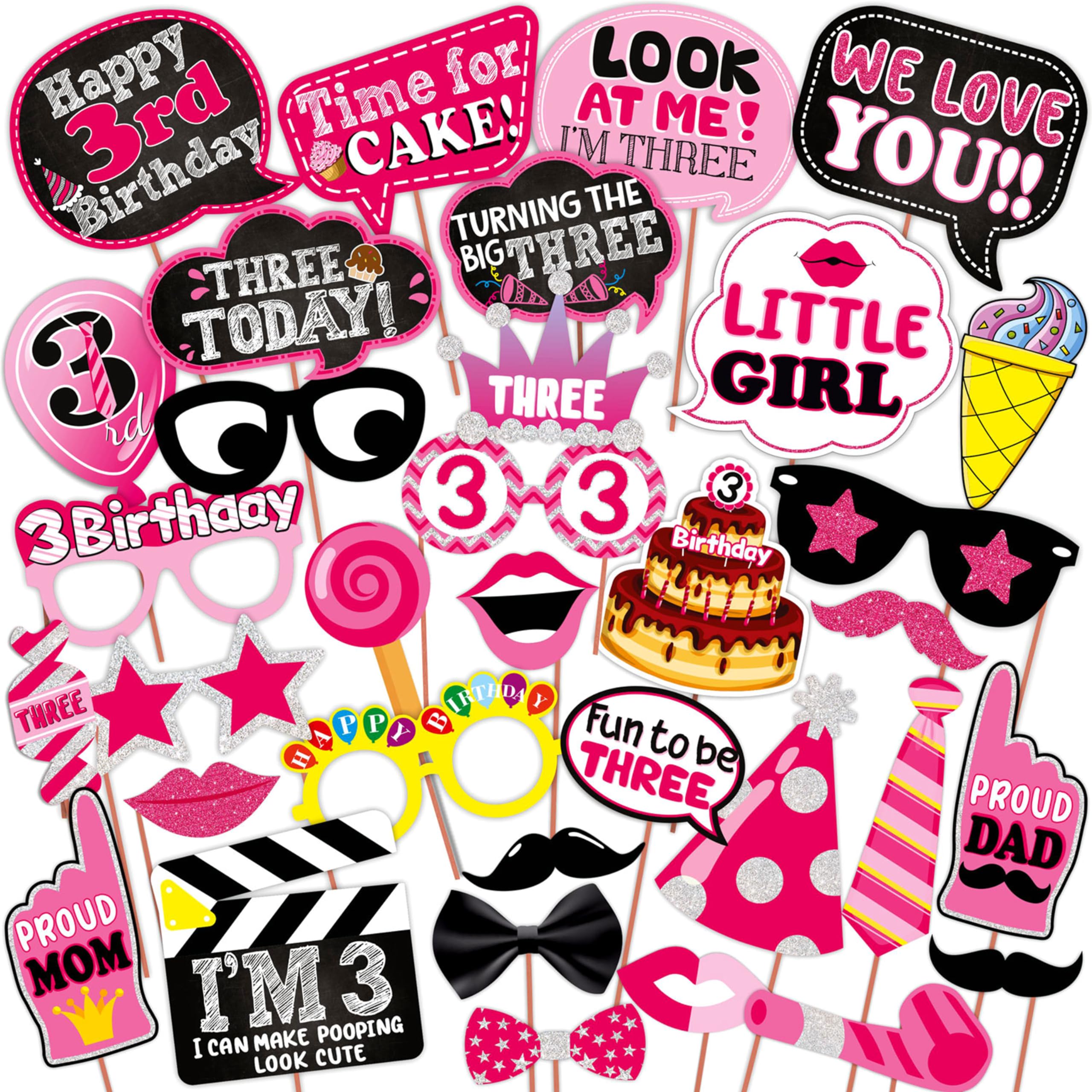 WOBBOX Third Birthday Photo Booth Party Props Pink for Baby Girl, 3rd Birthday Decorations for Girl, Kids Birthday Party Decoration Items