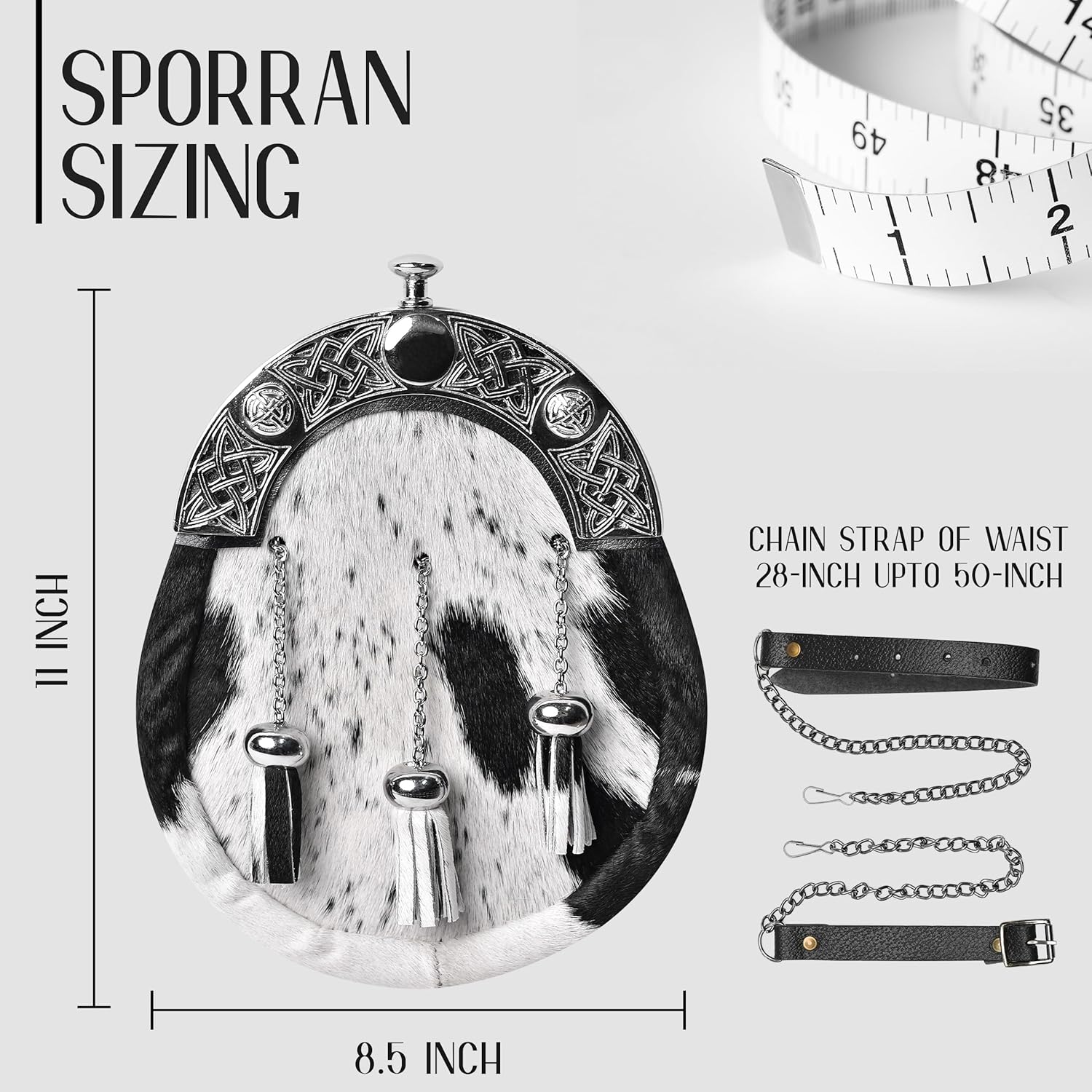 HIGHLAND REDSTONE Sporran Kilt for Men Premium Leather Quality Scottish Bovine Sporran with Chain Belt Kilt Accessories