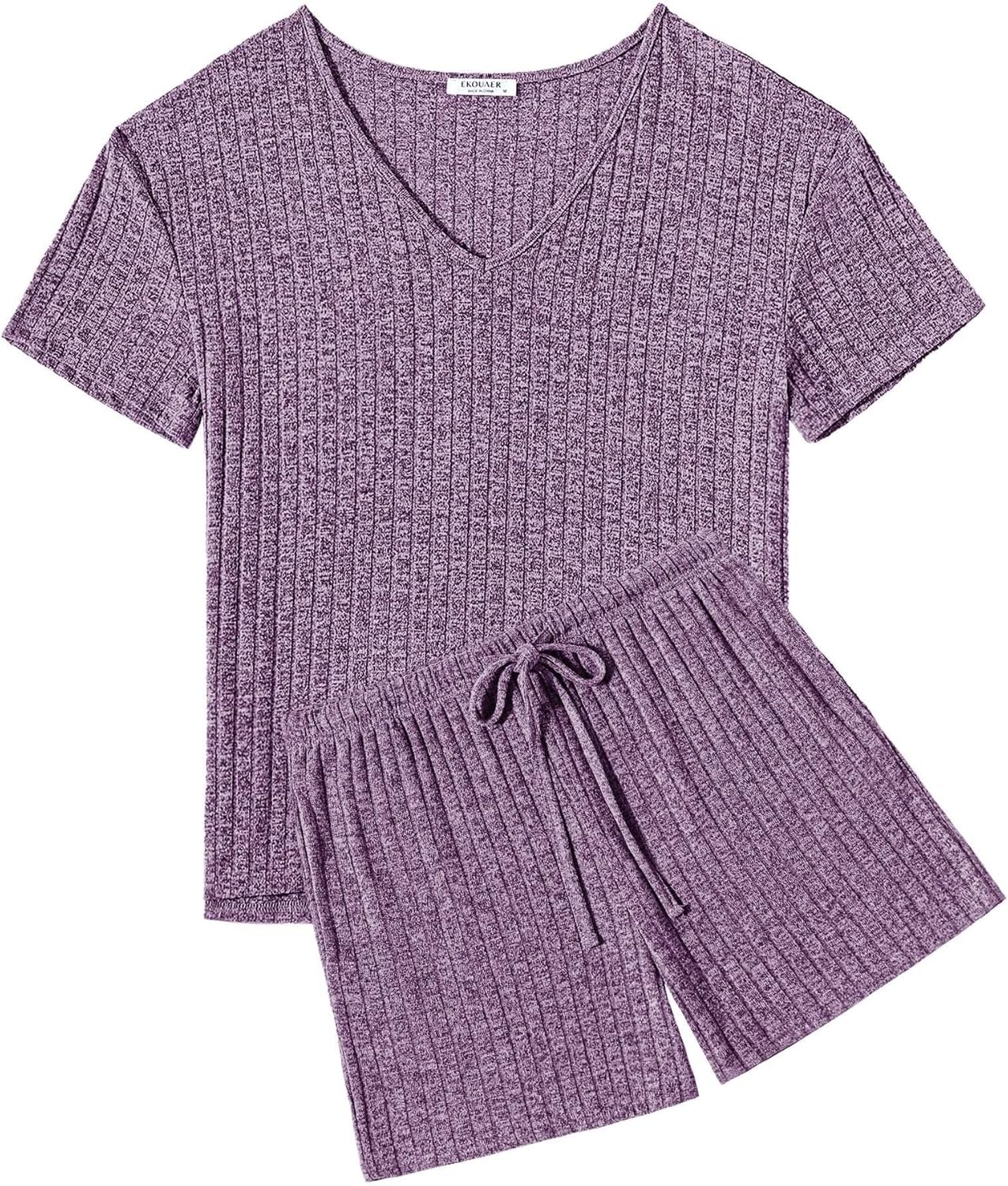 Ekouaer Womens 2 Piece Lounge Sets Summer Two Piece Outfits Ribbed Knit V Neck Short Sleeve Tee and Pockets Shorts Sets - Image 2