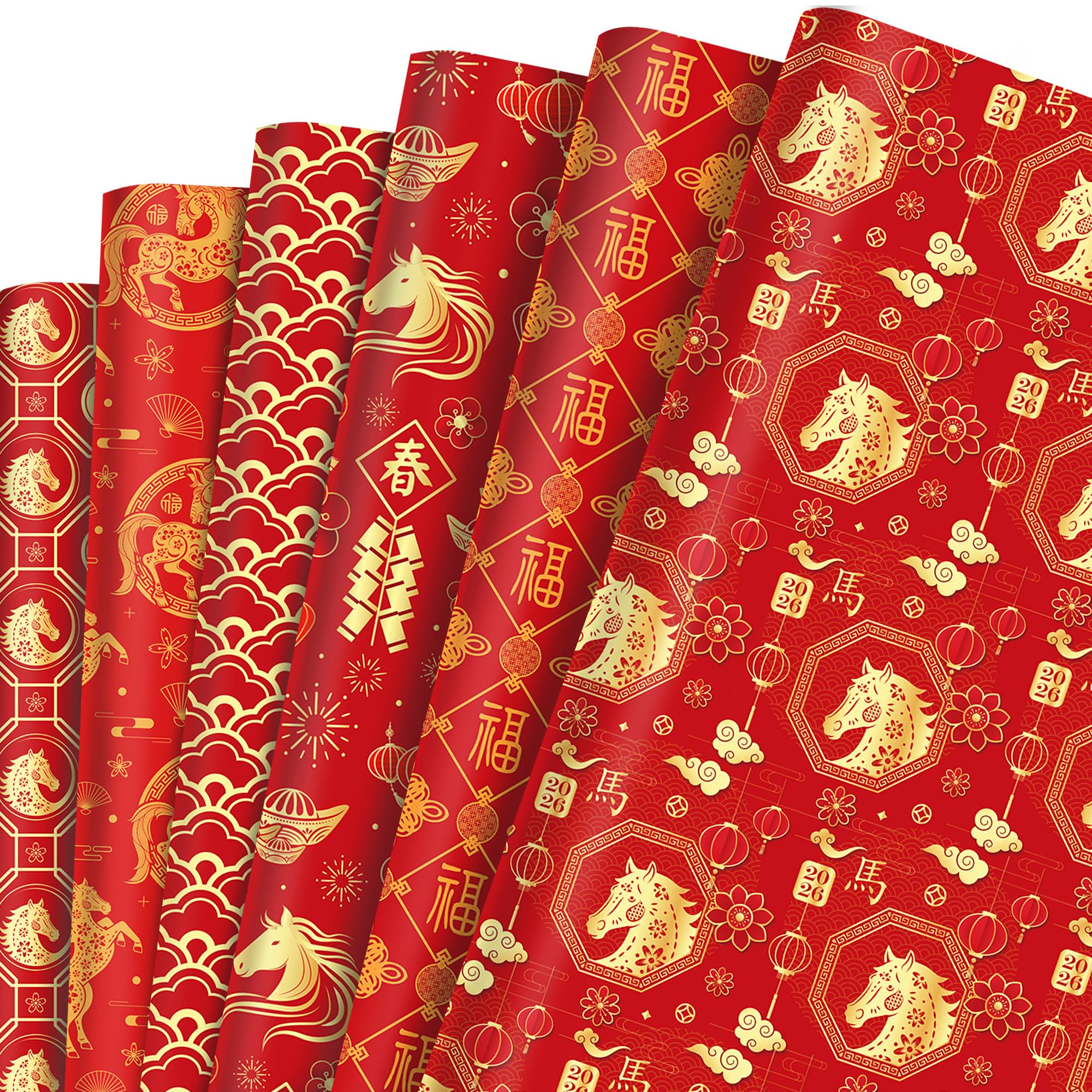 – 12 Sheets Chinese Red Wrapping Paper: Lunar New Year Gifts Wrap Paper - Year of The Horse Gift Wrapping Paper for Families Collague Friends Spring Festival Party Favors Gift Decor