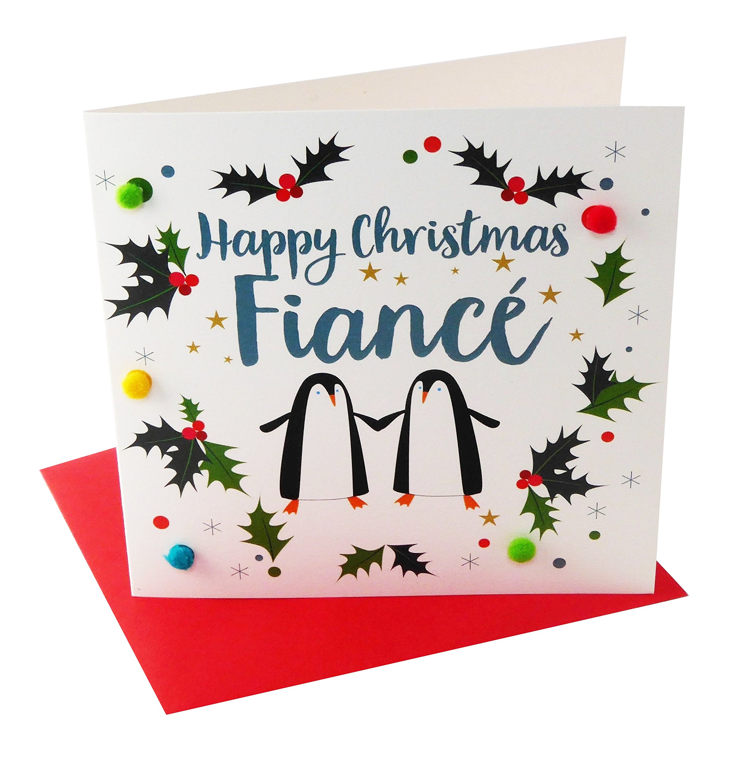 Claire Giles Greeting Cards, Happy Christmas Fiancé Card, Two Penguins Design Xmas Greeting Card, Embellished with Colourful Pompoms