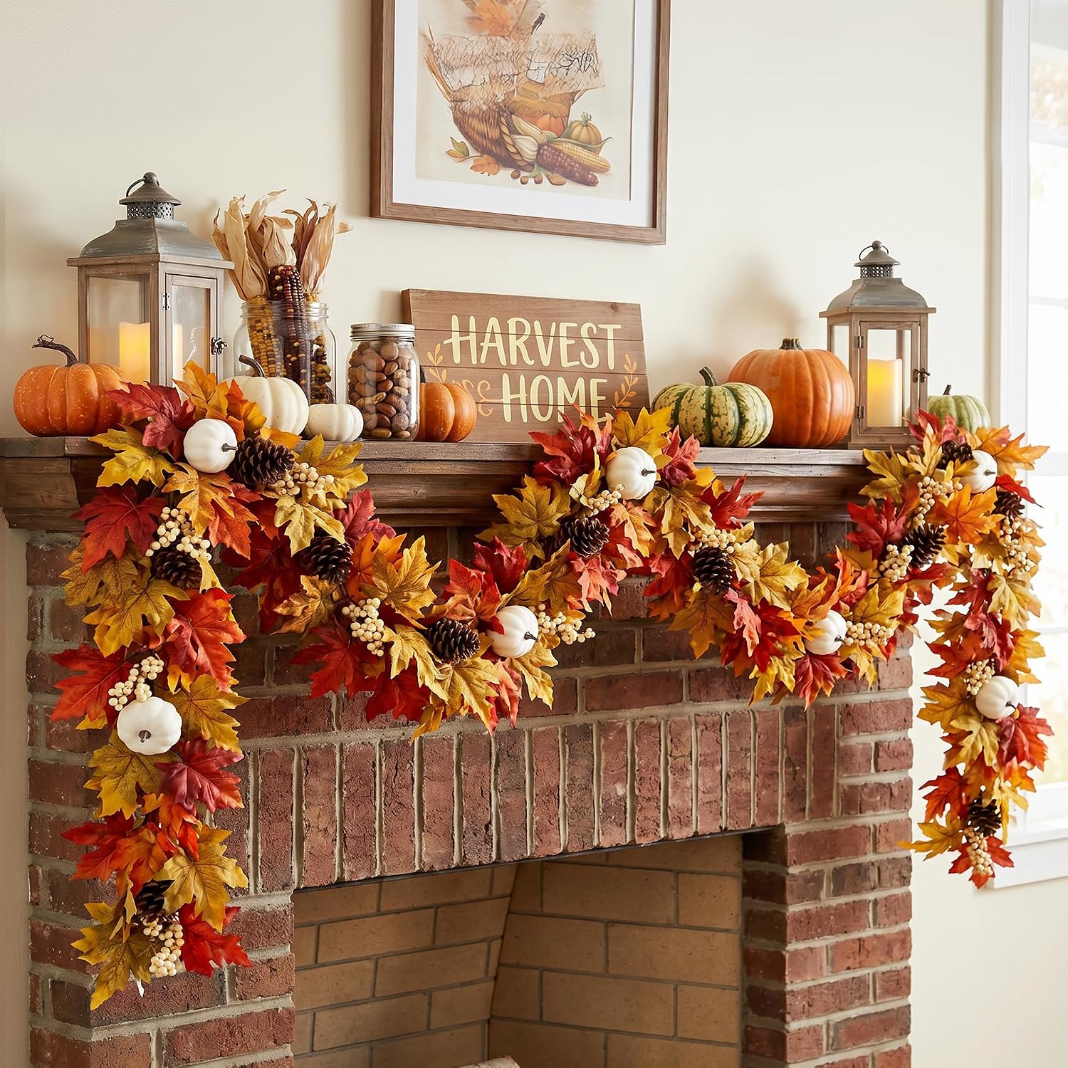 MUMTOP 6FT Lighted Fall Garland for Mantle with Maple Pumpkins Berries image 3