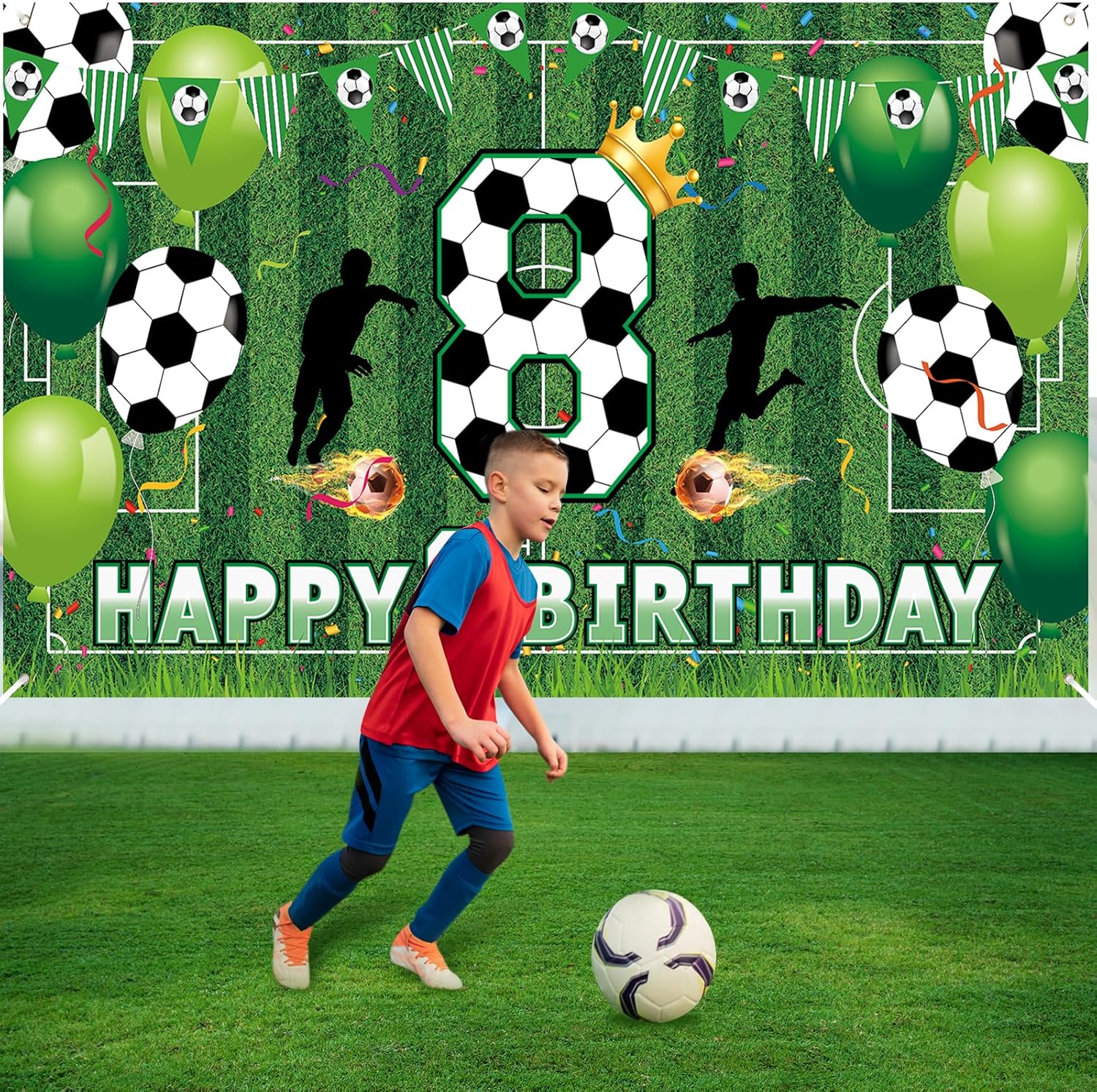 Soccer 8th Birthday Party Decorations - Happy Birthday Banner for Boys, Kids, Teens - Large Sport Themed Football Anniversary Party Supplies