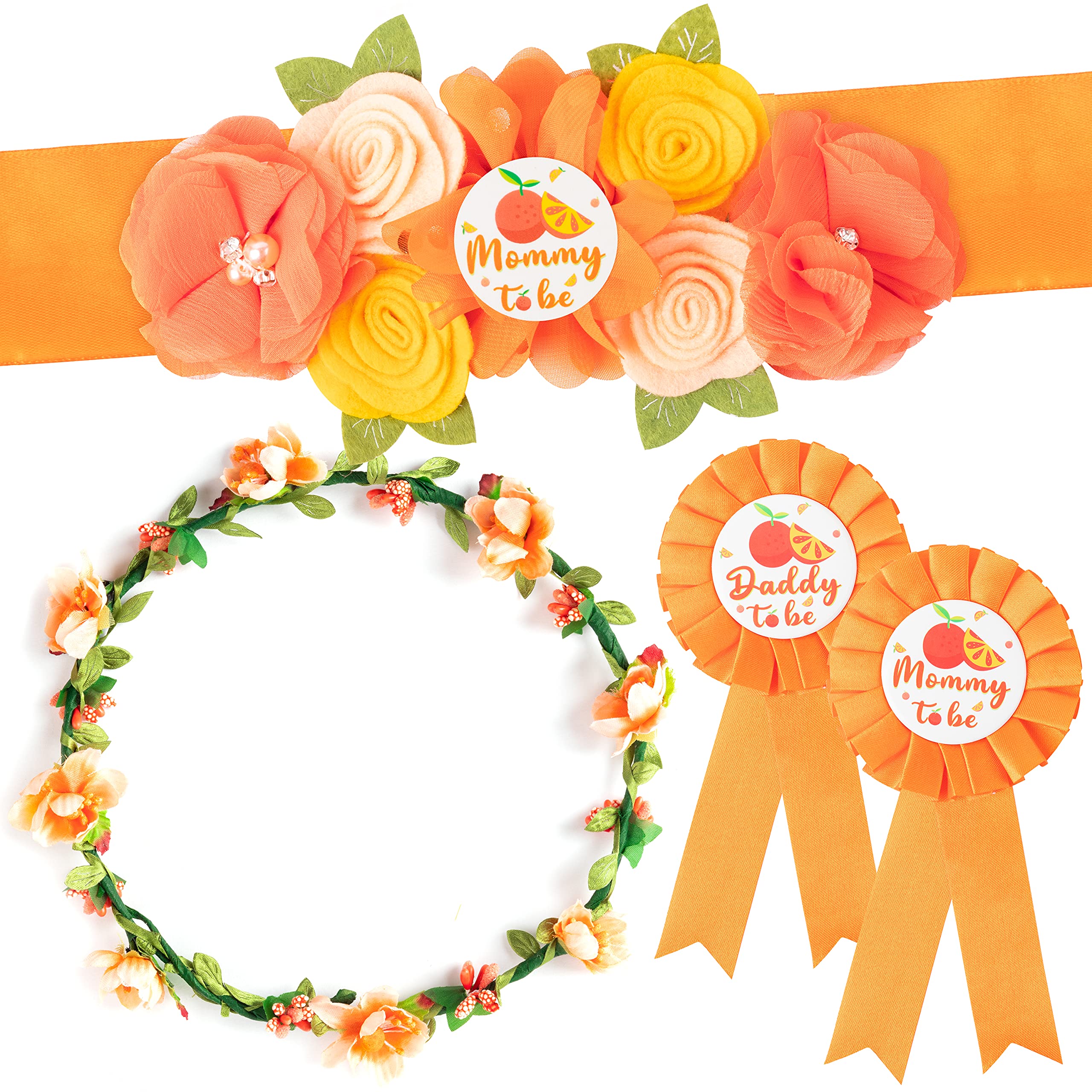 2ooyaLittle Cutie Citrus Maternity Sash Mom to Be & Daddy to Be Corsage Orange Clementine Flower Crown Pregnancy Sash Decoration Autumn Baby Shower Kit Party Favors Pregnancy Photo Prop Gift