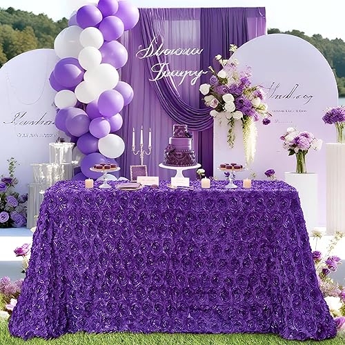 B-COOL Mantel rectangular con diseño de rosetas de 90 x 132 pulgadas, mantel de satén floral 3D morado para decoración de mesa de fiesta de ceremonia
