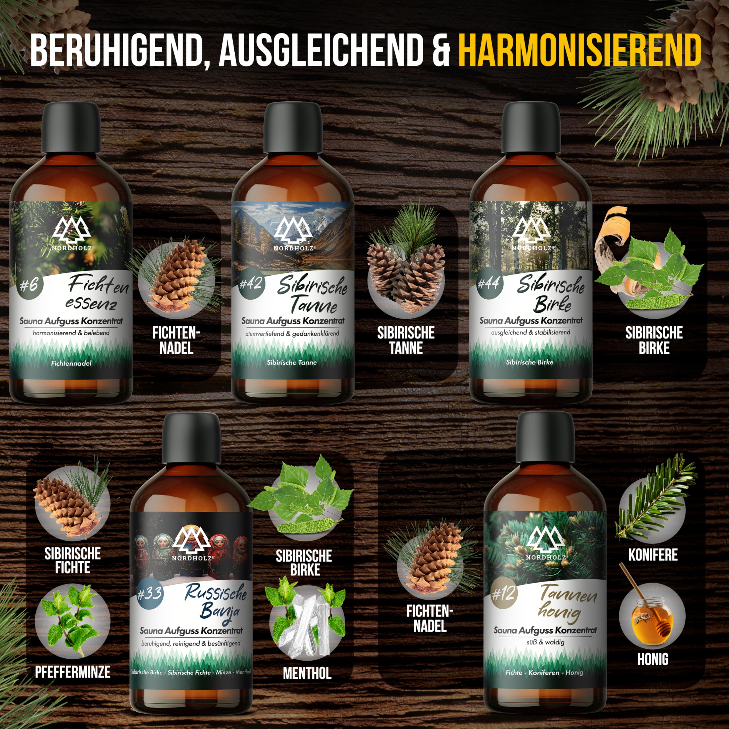 NORDHOLZ® Saunaaufguss Set 5x100ml Sibirische Reise natürliches Sauna Aufgussmittel intensiver Duft Sauna Zubehör