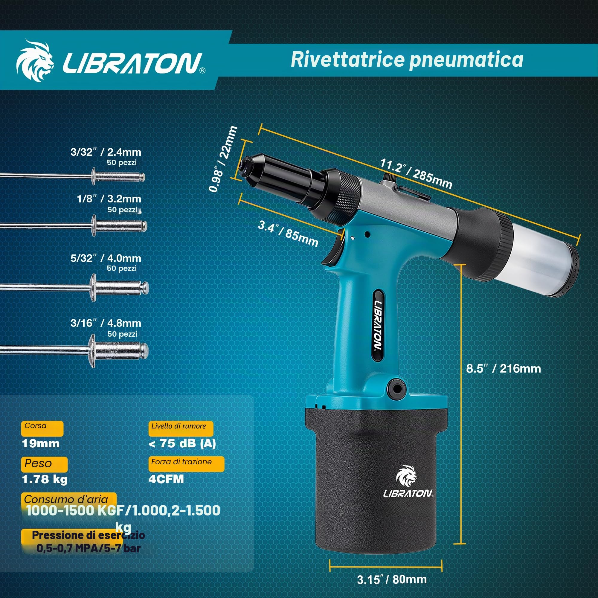 LIBRATON Kit rivettatrice pneumatica, rivettatrice pneumatica per impieghi gravosi Gu 2,4 mm 3,2 mm 4 mm 4,8 mm con rivetto 200c, strumento di riparazione automatica professionale, Suctio Design