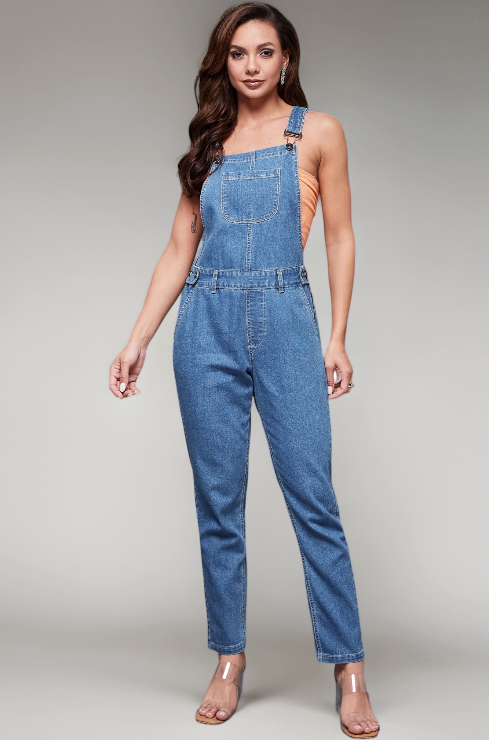 - Women's Blue Solid Regular Fit Full Length Denim Dungaree