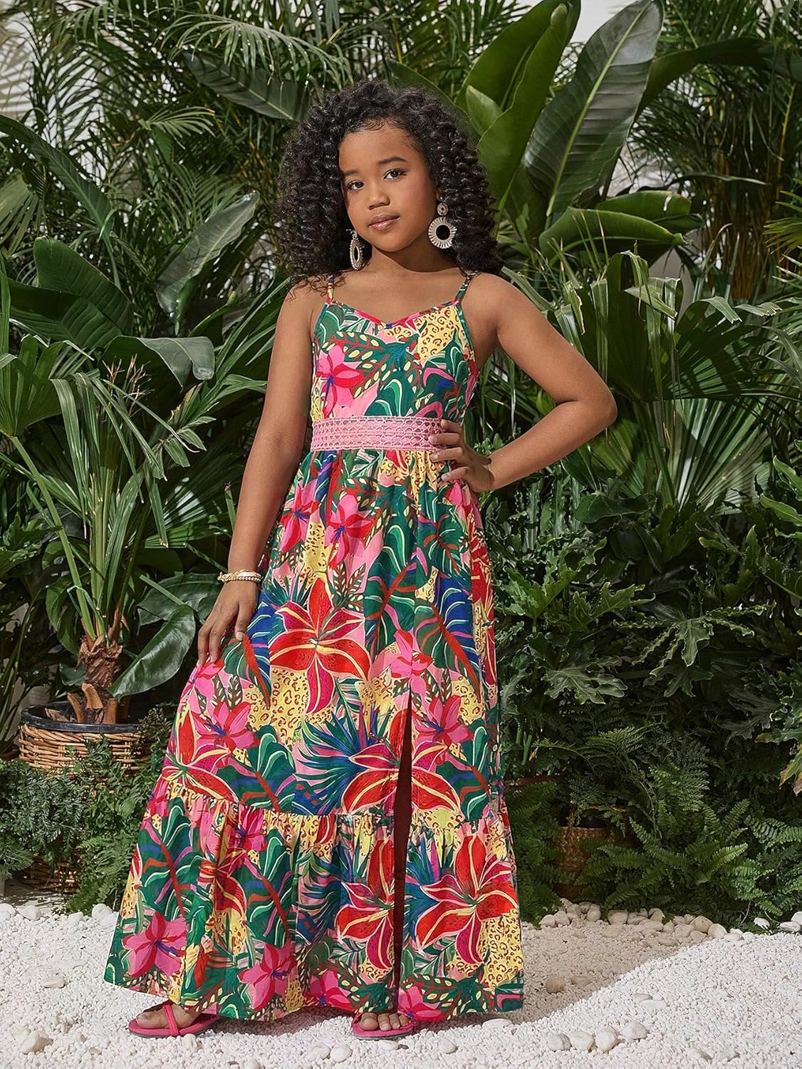 Girl's Tropical Print Cami Dress Boho Tiered Spaghetti Strap Split Thigh Vacation Flowy Long Dresses - Image 5