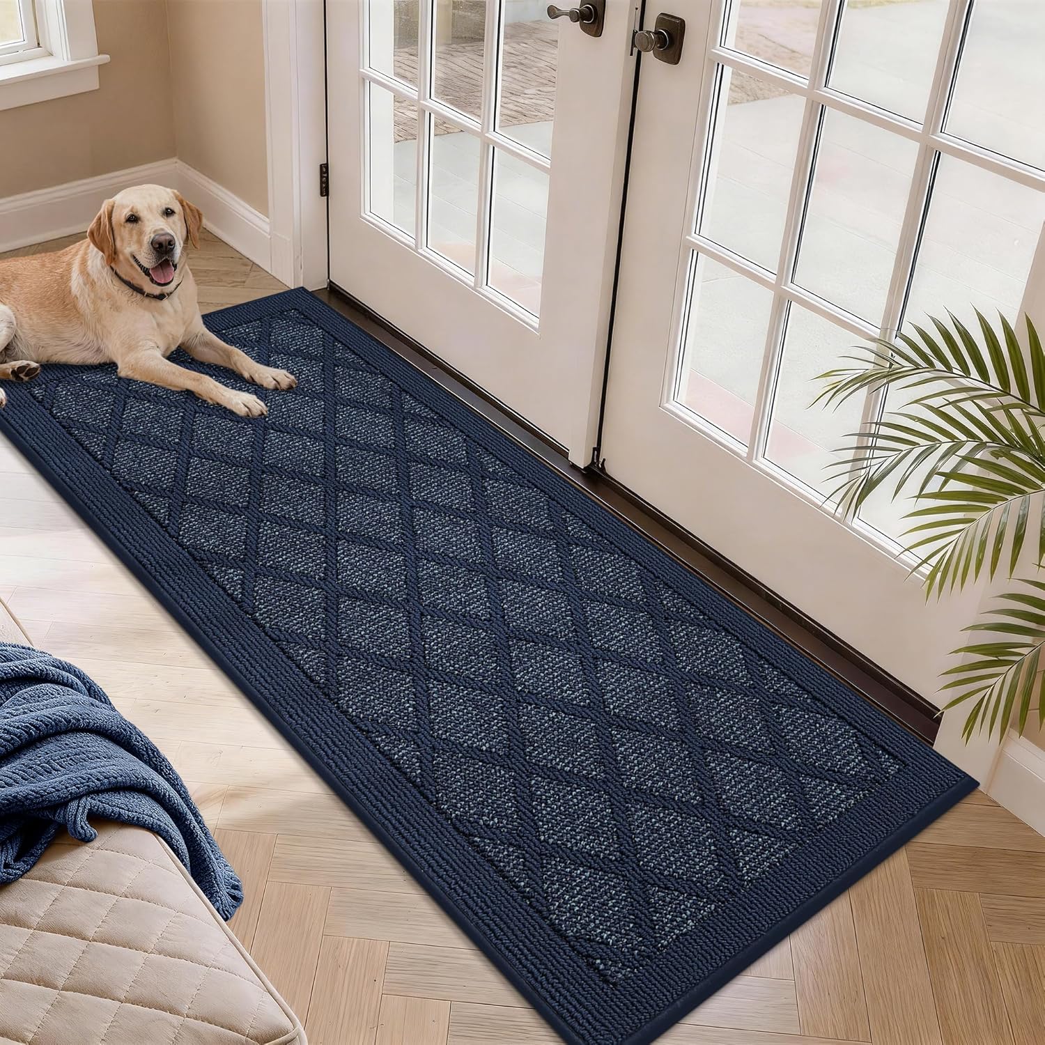COSY HOMEER Non-Slip Door Mat 24"x60", Entryway Rugs Low Profile Absorbent Dirt Trapper Doormat for Front Entrance, Washable Polypropylene Entry Mat (Blue)