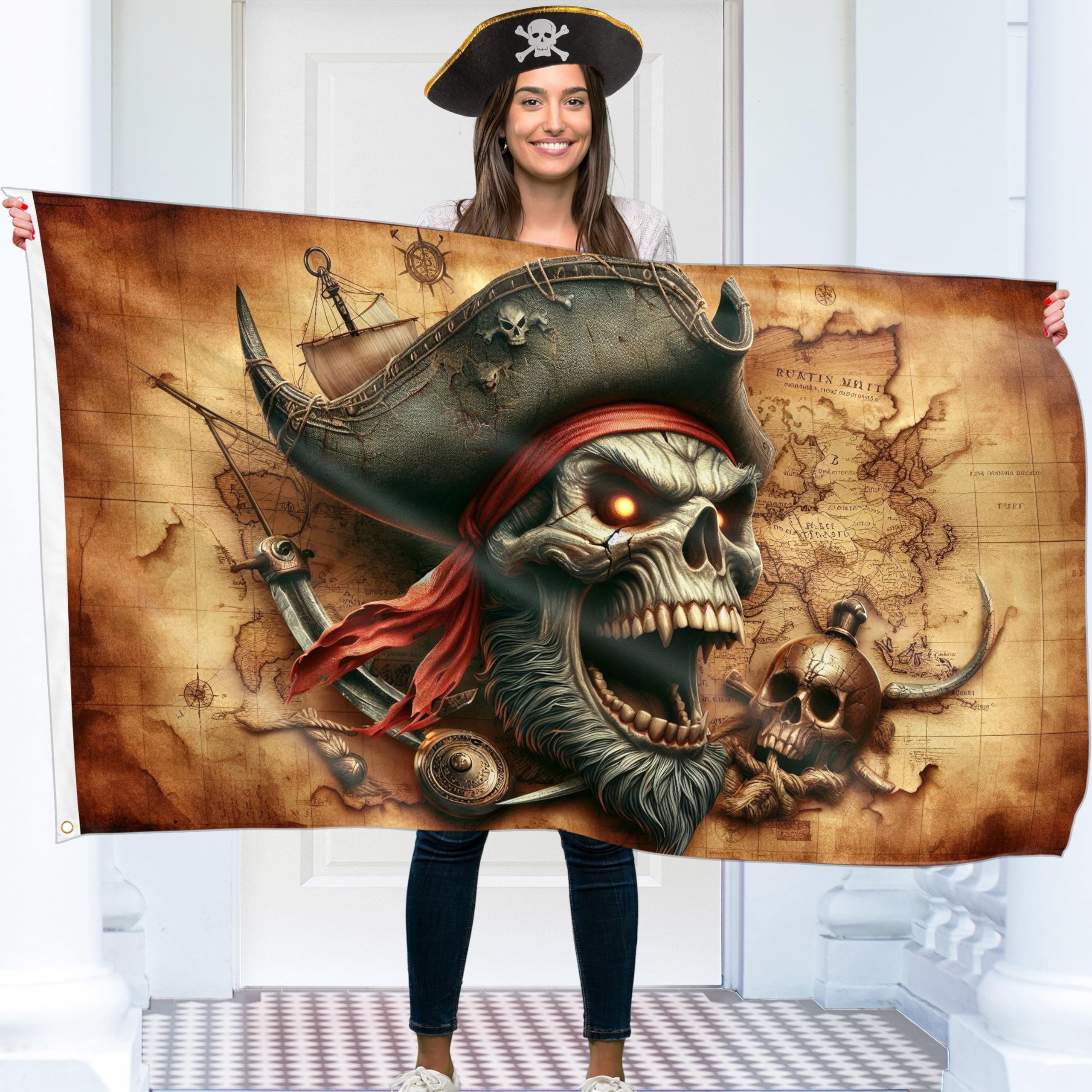 Pirate Flag – Jolly Roger Flag with Pirate Map – Funny Flag – 110Den polyester - Double Seam - 2 brass eyelets, large 5ft x 3ft