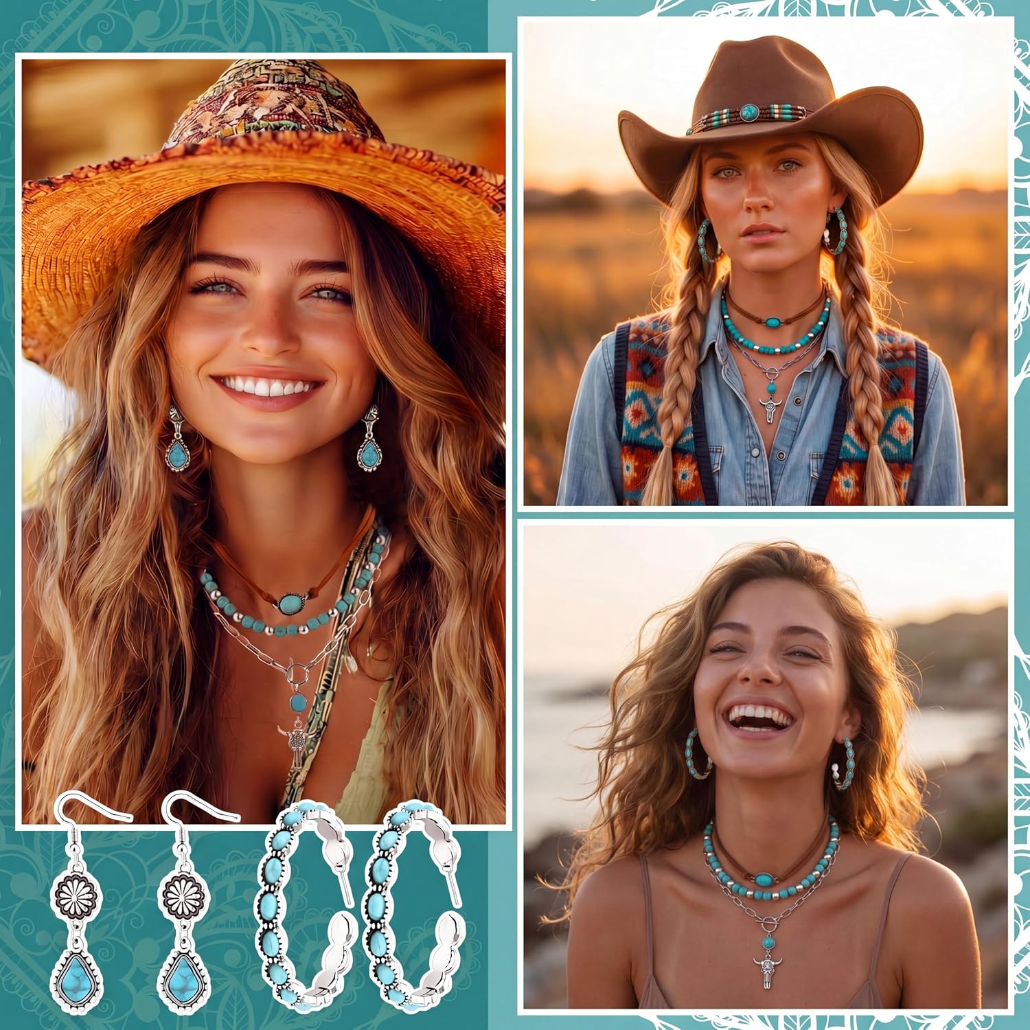 Misdary 15 Pcs Western Turquoise Jewelry Set for Women Bohemian Accessories Adjustable Belt Rings and Necklace Vintage Turquoise Drop Earrings Bracelet