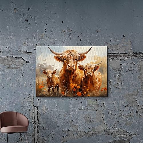 Highland Cow Wall Art, This Is Our Happy Place Inspirational Canvas Poster for Home, Long Haired Scottish Cow with White Flower Picture Farmhouse