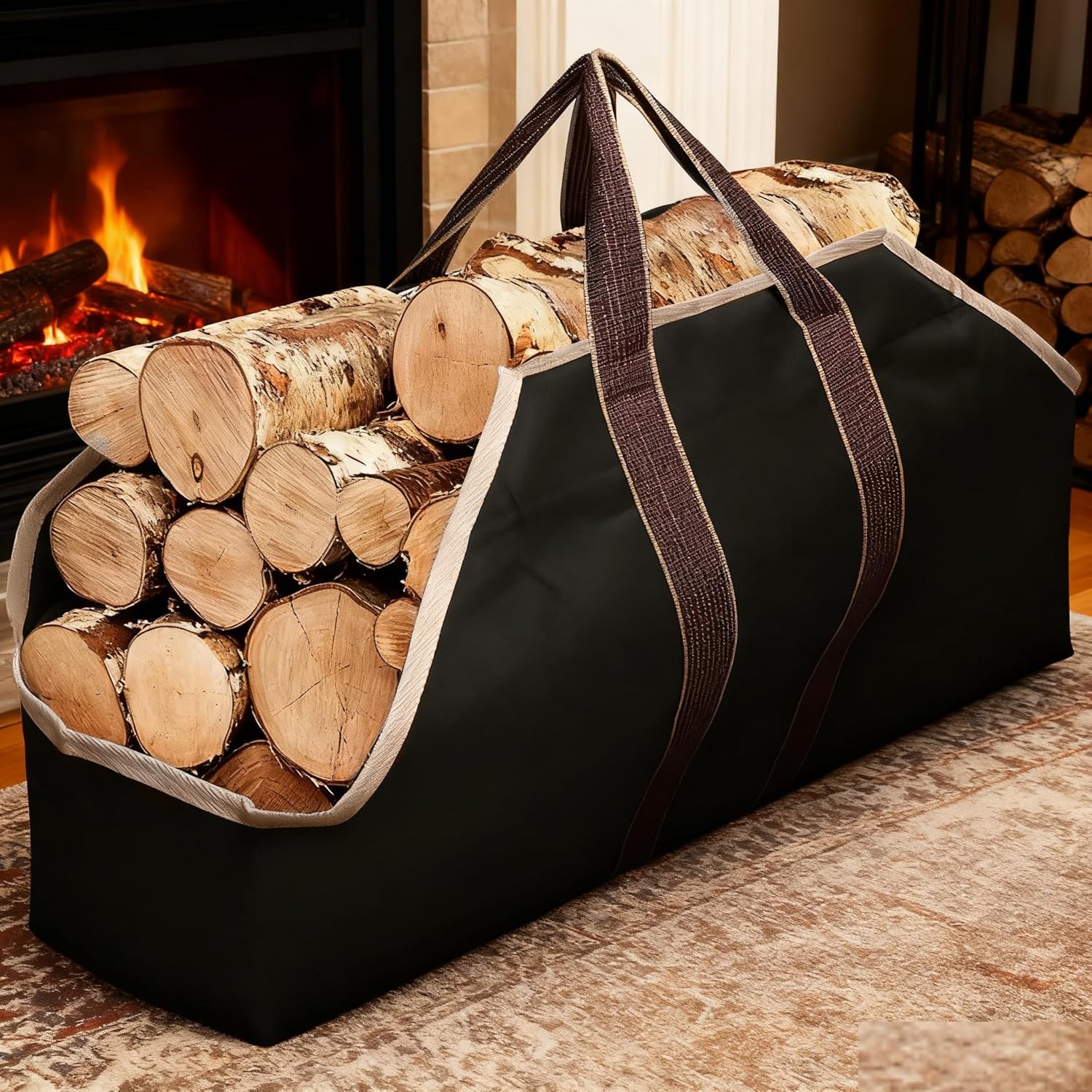 AMAGABELI GARDEN & HOME Large Canvas Log Tote Bag Firewood Carrier Heavy Duty Fireplace Log Holder Fire Wood Carriers Carrying with Handles Wood Sling For Fire Place Outdoor Cabin Stove Accessories - Image 5