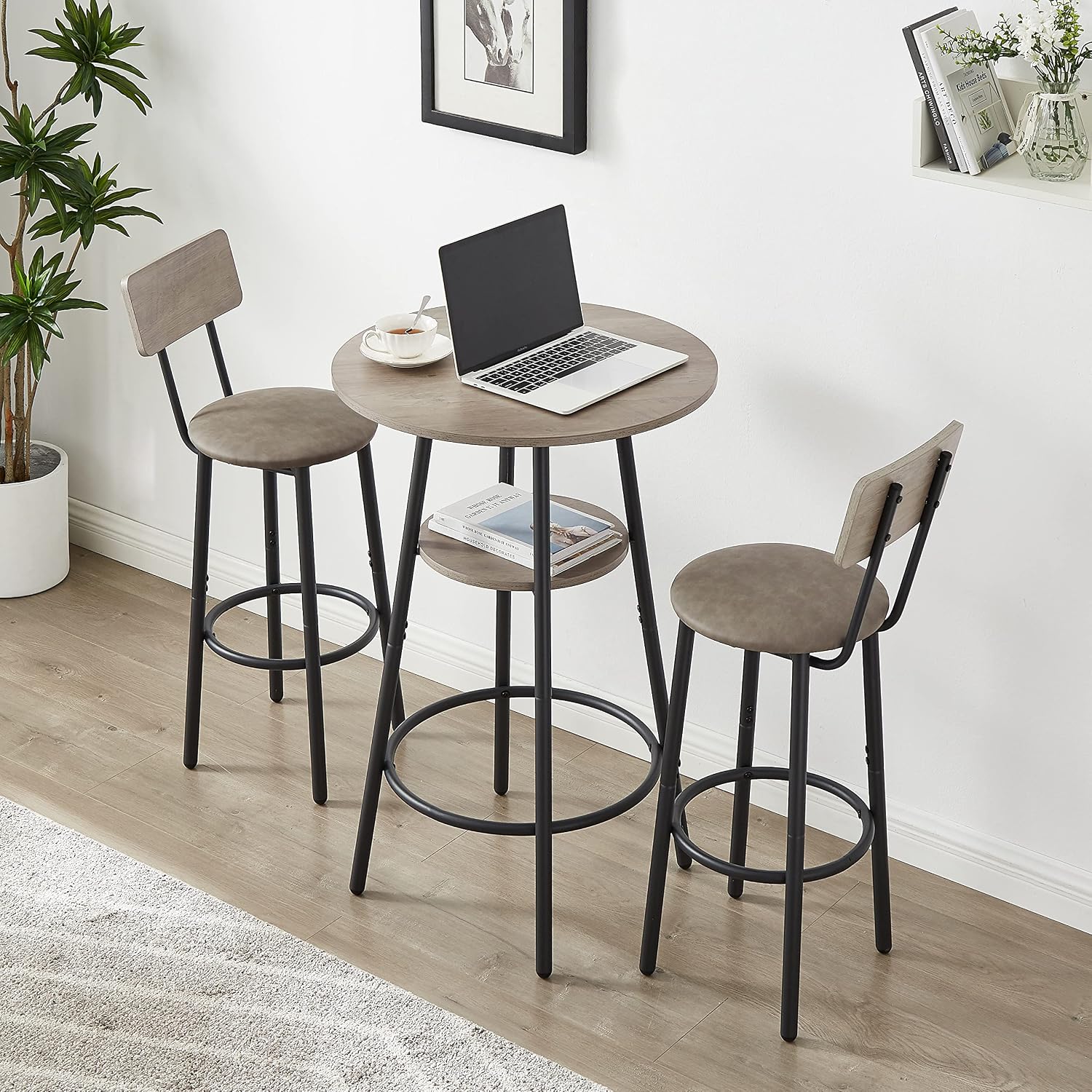 W1162 43" W Rectangle Bar, 3 Piece Counter Height Chairs Sets Including 2 Round Back Stools, for Kitchen Breakfast Table, Living, Party Room, Rustic Brown