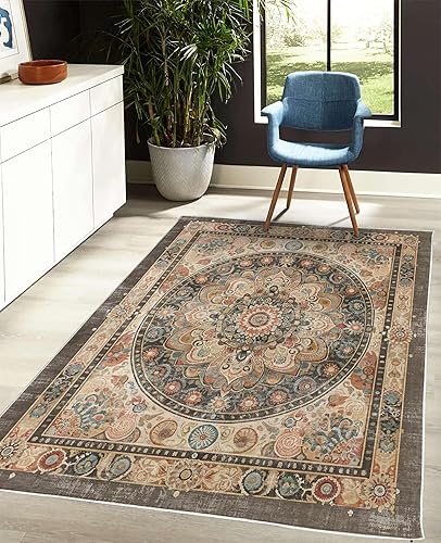 Miniatura 4 de Ambesonne Alfombra decorativa oriental bohemia, diseño clásico de motivos persas en flor, estilo psicodélico, alfombra de calidad para dormitorio,