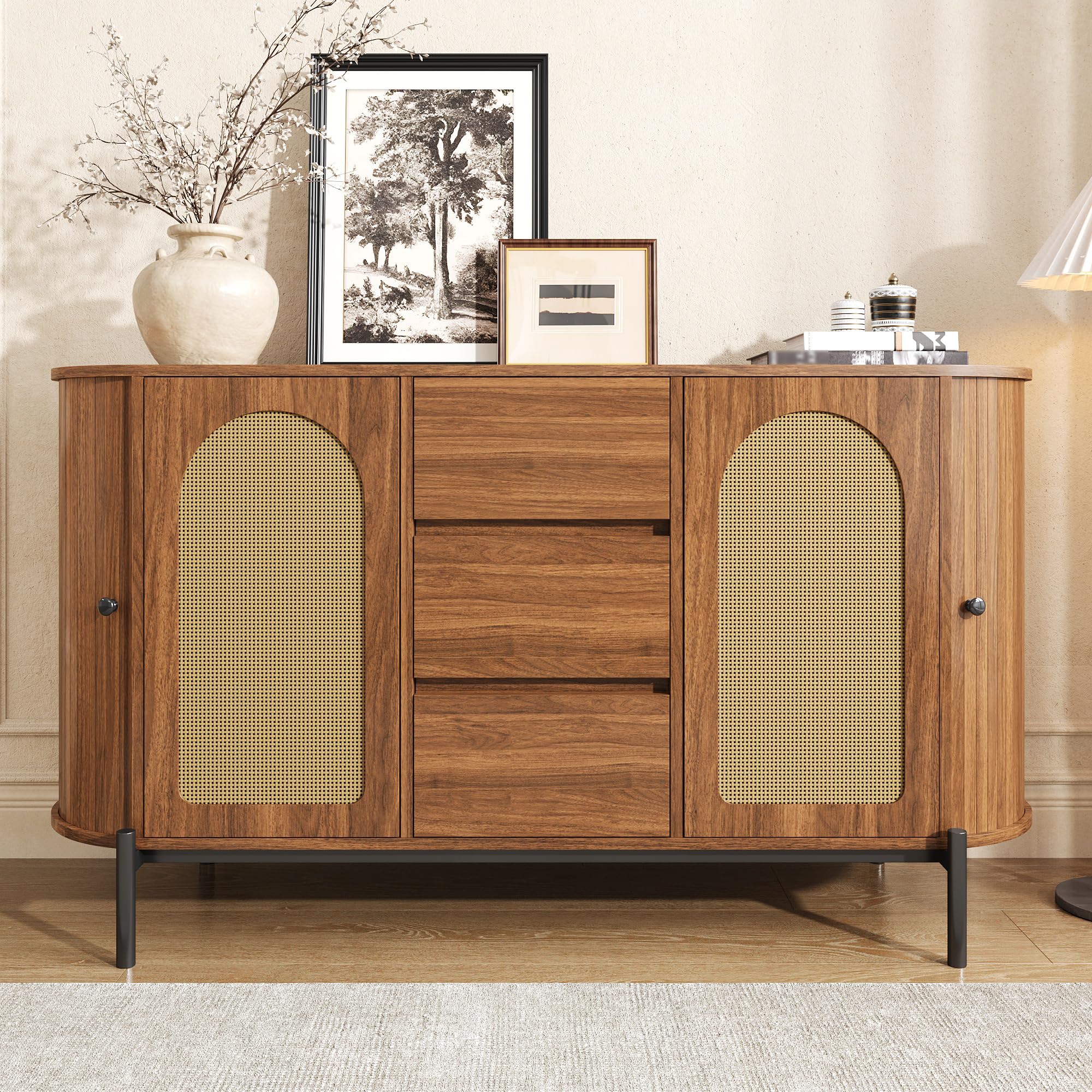 Jaxenor Sideboard with Rattan, Sliding Doors, Drawers for Bedroom, Walnut