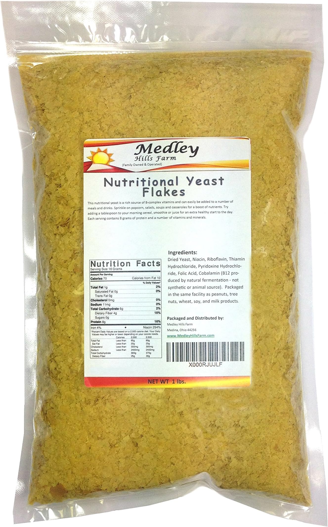 Nutritional Yeast Flakes 1 lb. Fortified - Gluten Free - Non GMO - Vegan - Vegetarian Support Formula Medley Hills Farm