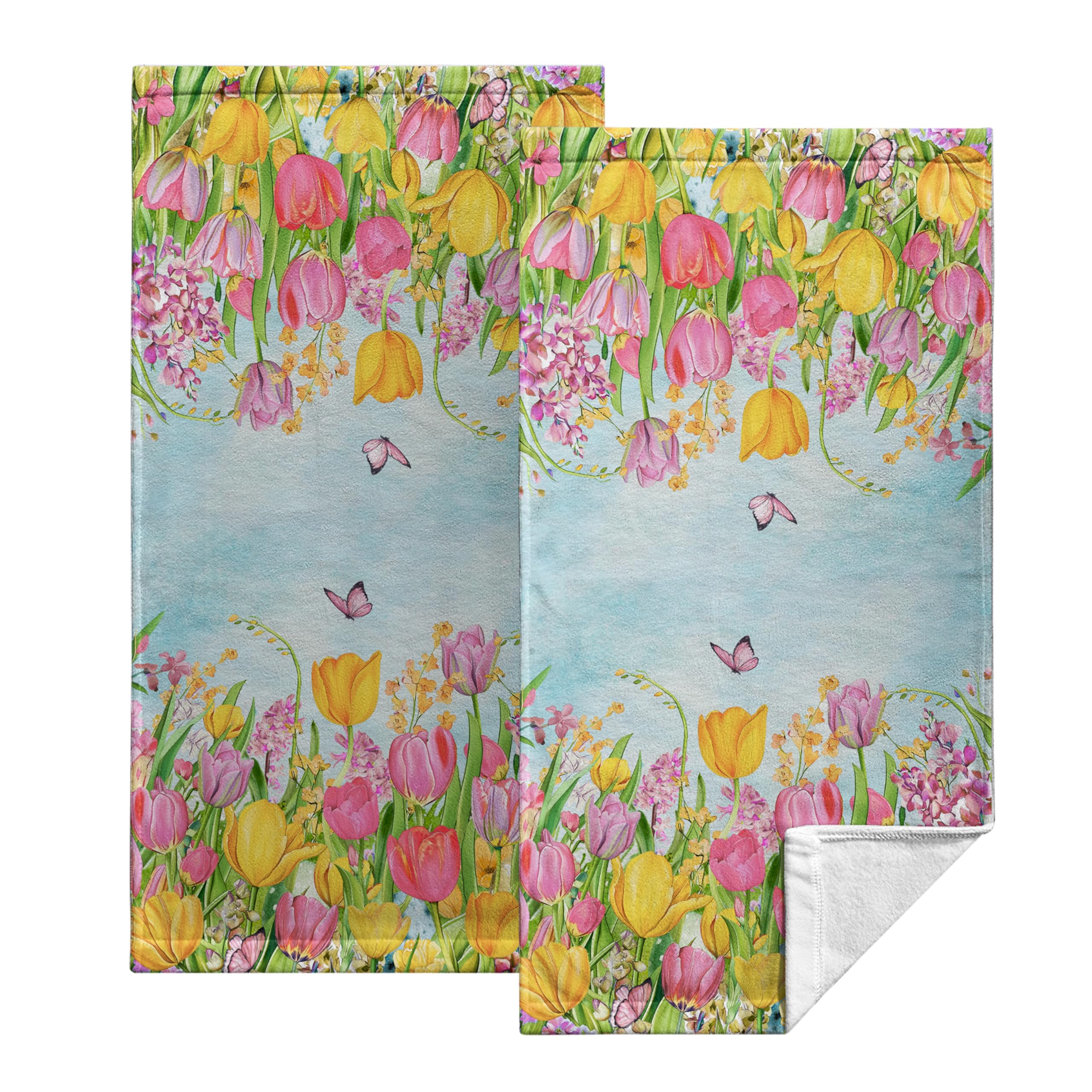 Kwlegh Yellow Pink Tulip Hand Towels Set of 2 Tulip Butterfly Towels Spring Flowers Towels Dish Kitchen Towels Soft Highly Absorbent Towel 14.4x28.3 for Bathroom Hotel Guest