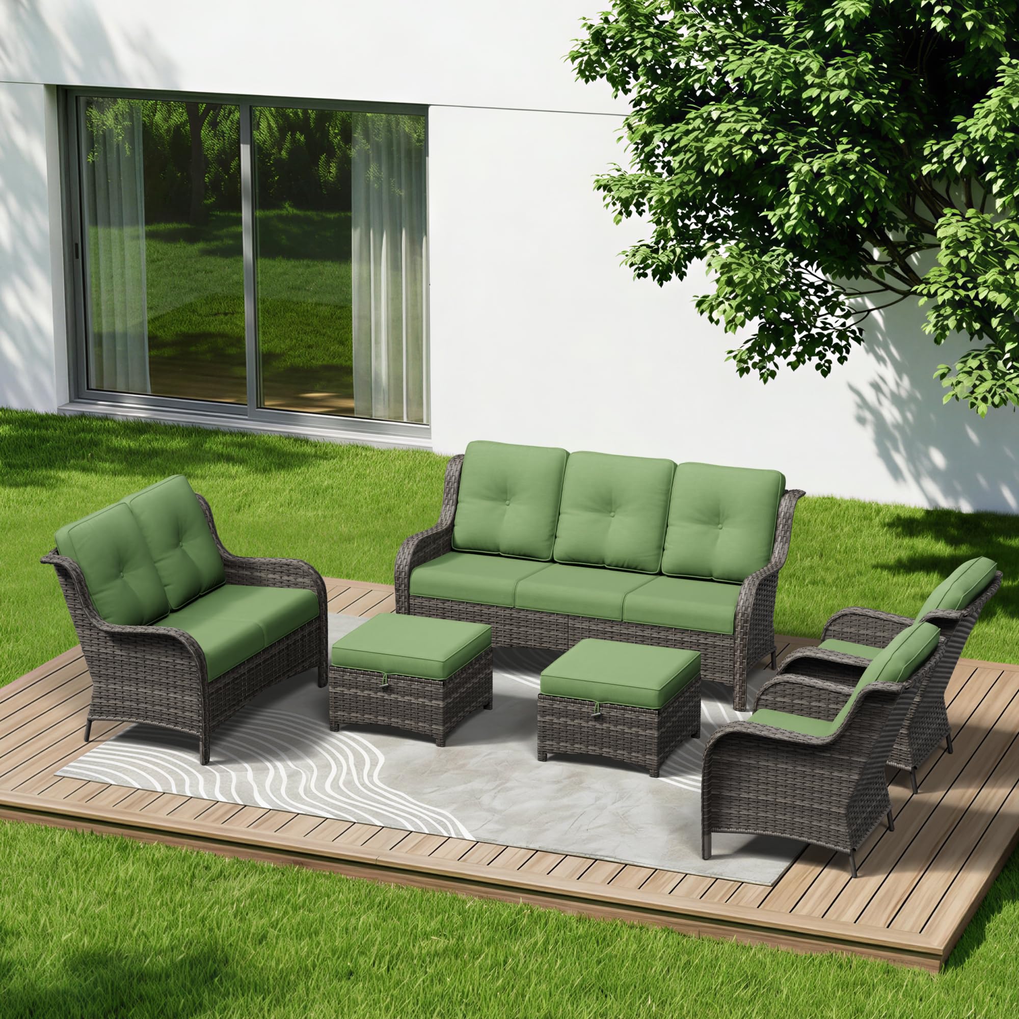 6 Piece Outdoor Wicker Patio Furniture Set, Patio Chairs Set with Thickened Olefin Cushions, High Back and Deep Seating, Hand-Woven PE Rattan, Ottoman for Porch, Deck
