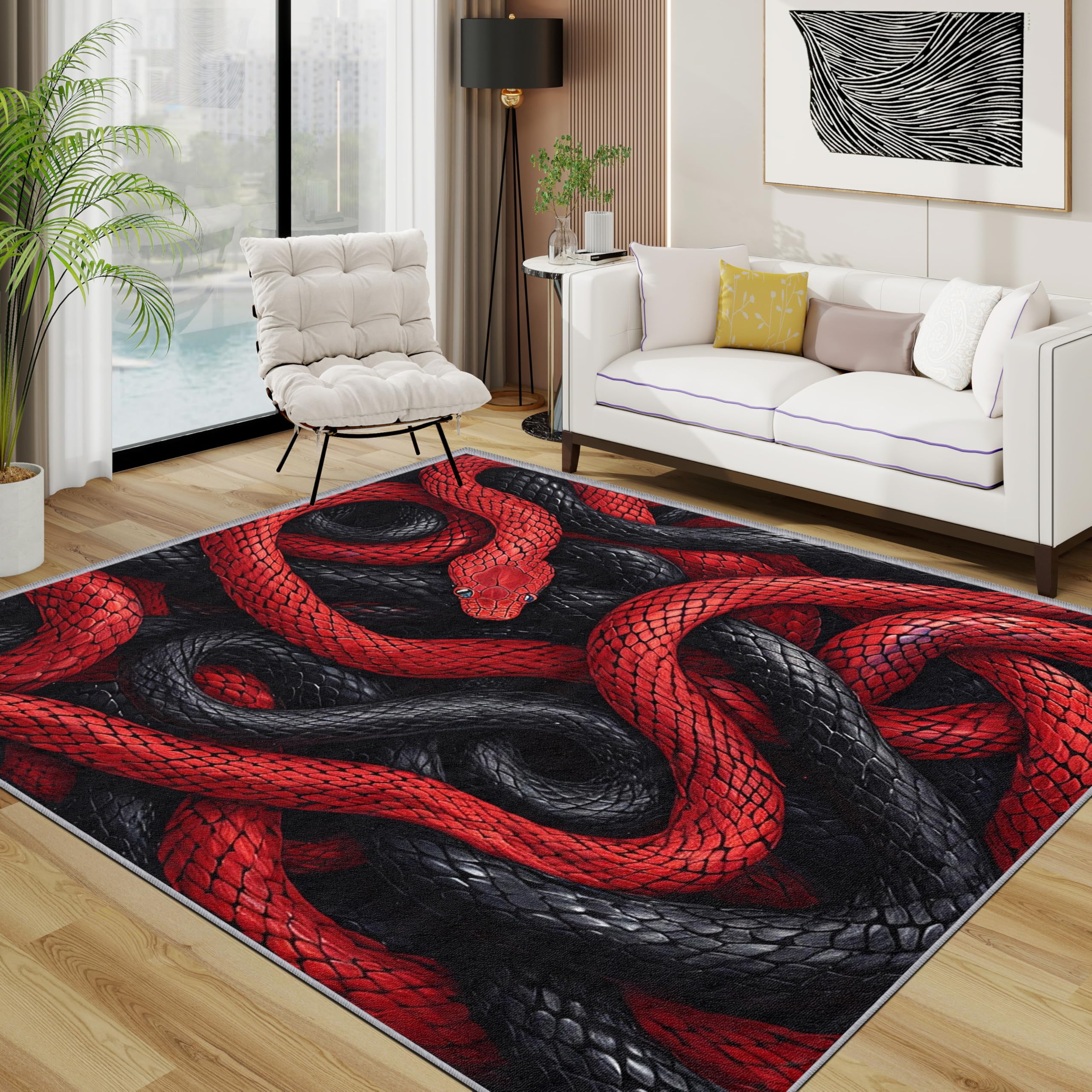 Snake Rugs Living Room Large 140x200 - Red and Black Realistic Bedroom Rug, Serpent reptile animal boys Washable Non Slip Low Pile Carpet, Snake House Decor