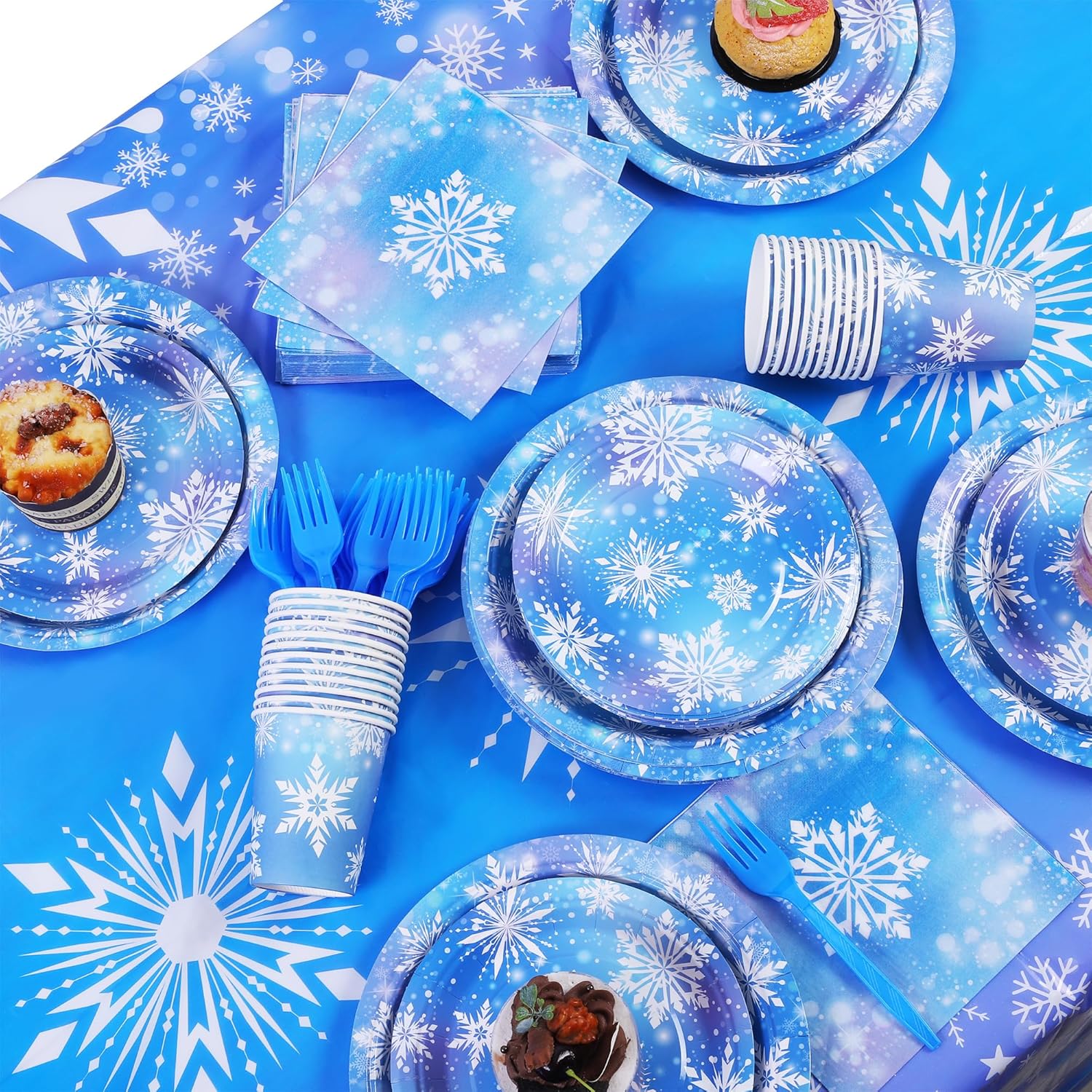 durony 145 Pieces Frozen Birthday Party Supplies Disposable Tableware Winter Snowflake Paper Plates Napkins Cups Forks Tablecloth for Christmas Winter Wonderland Frozen Party Decorations