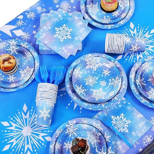Miniatura 4 de durony 145 piezas de suministros de fiesta de cumpleaños de Frozen, vajilla desechable, platos de papel de copo de nieve de invierno, servilletas,