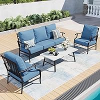 Vista 19 de Juego de muebles de patio, 4 piezas de muebles modernos de metal para exteriores, sofá de 3 plazas, 2 sillas mecedoras, mesa de centro y cojín extra