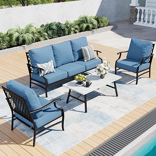 Miniatura 19 de Juego de muebles de patio, 4 piezas de muebles modernos de metal para exteriores, sofá de 3 plazas, 2 sillas mecedoras, mesa de centro y cojín extra