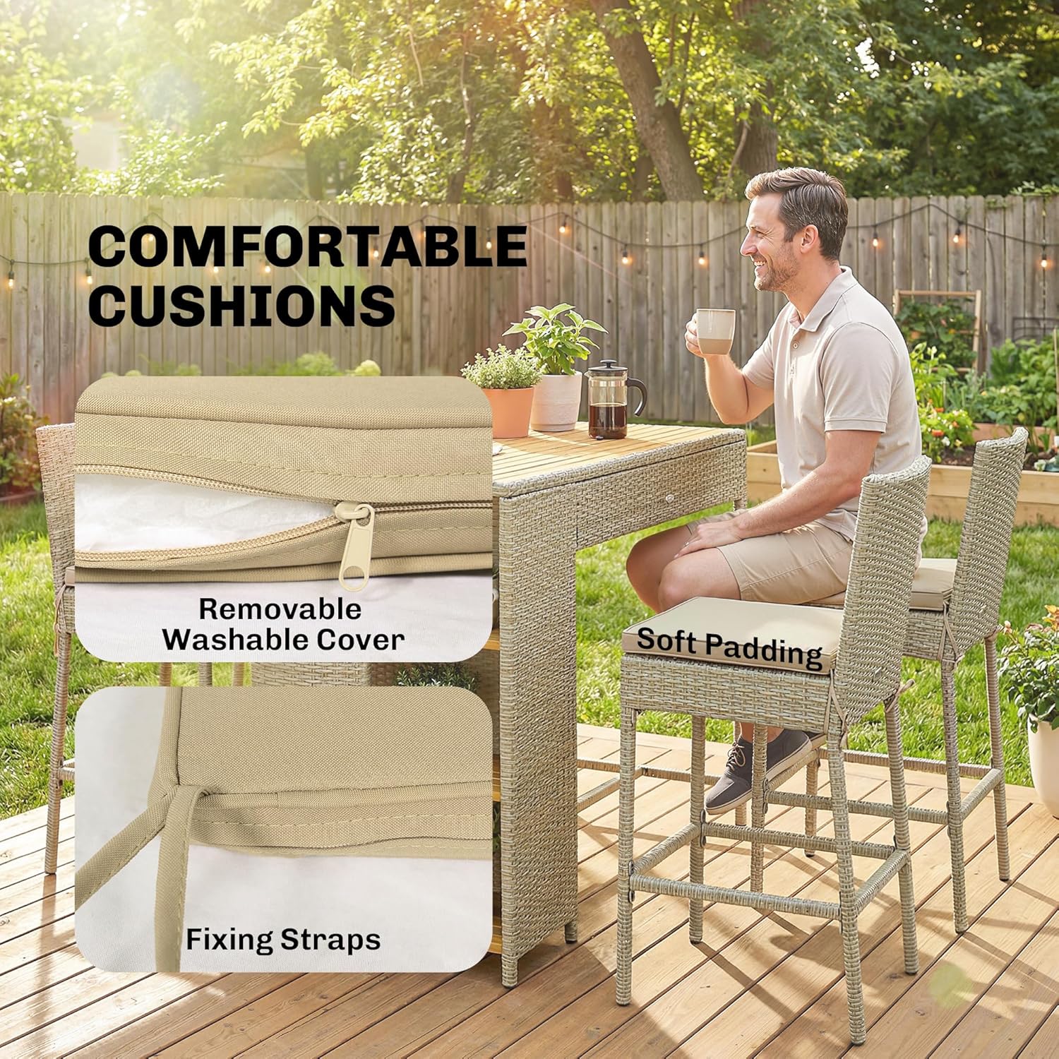 Outsunny 5 Piece Outdoor Bar Set, Wicker Outdoor High Top Table and Chairs, 3 Tier Shelves, Acacia Wood Bar Height Patio Set, 4 Barstools with Cushions, Back, Footrest for Garden, Backyard, Brown