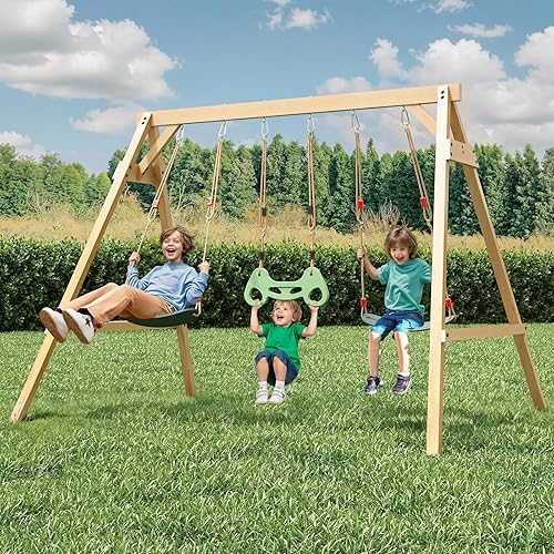 Wooden Backyard Swing Sets for Kids 3-8,with Swing Bar, 2 Belt Swings and 4 Steel Corner Supports, Kids Outdoor Play Equipment, Outdoor Playground Set